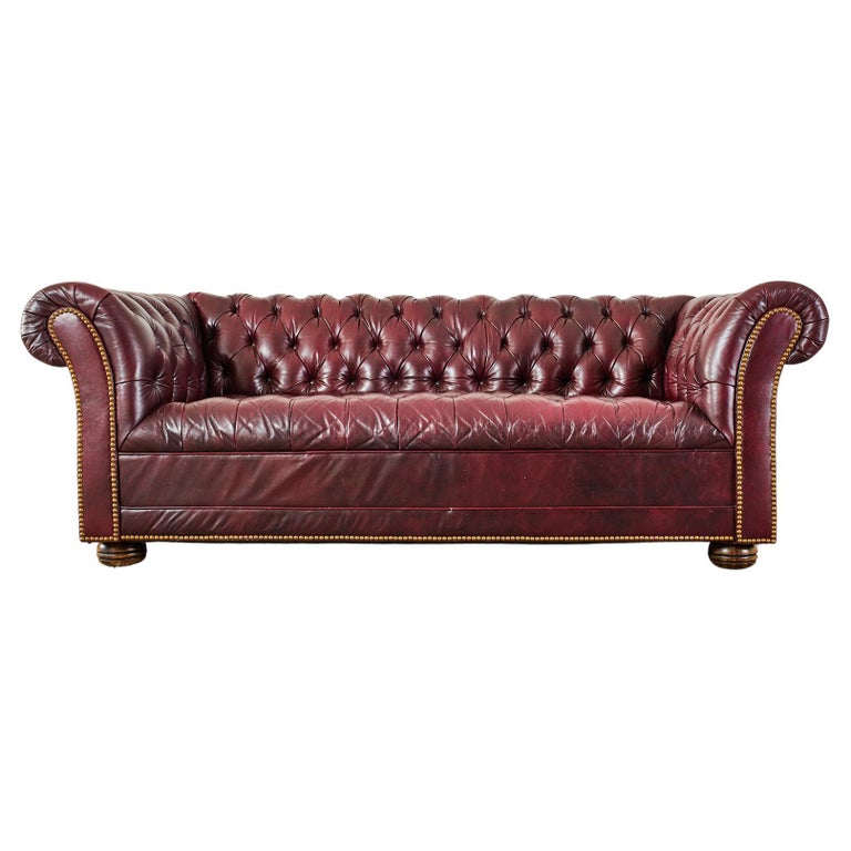 English Chesterfield Cordovan Oxblood, Tufted Leather Couch Used
