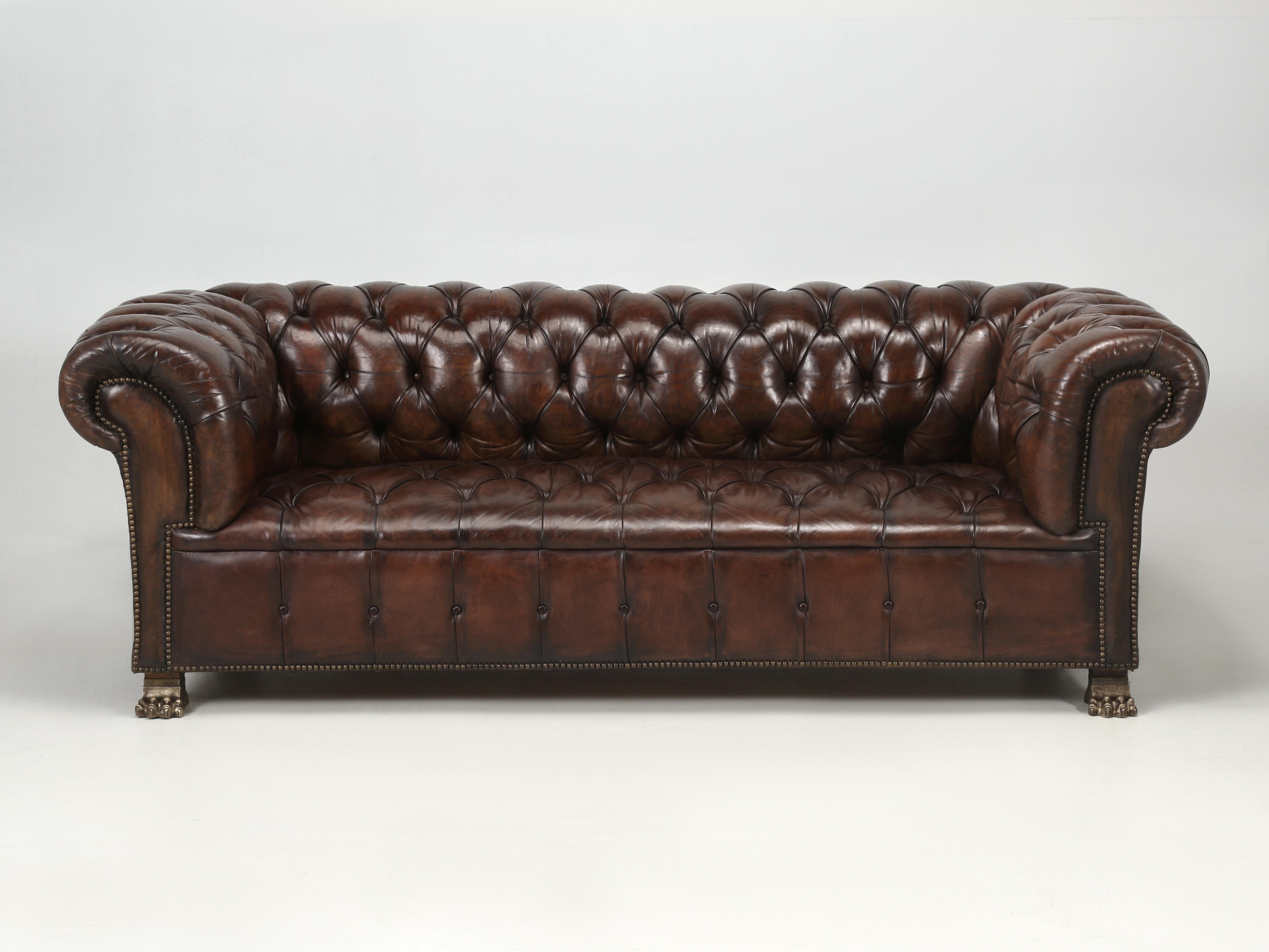 Vintage English Chesterfield sofa that we recently imported from Ireland and promptly handed over to our inhouse Old Plank upholstery department for a proper and thorough restoration. When we use the term restoration, we actually mean conservation