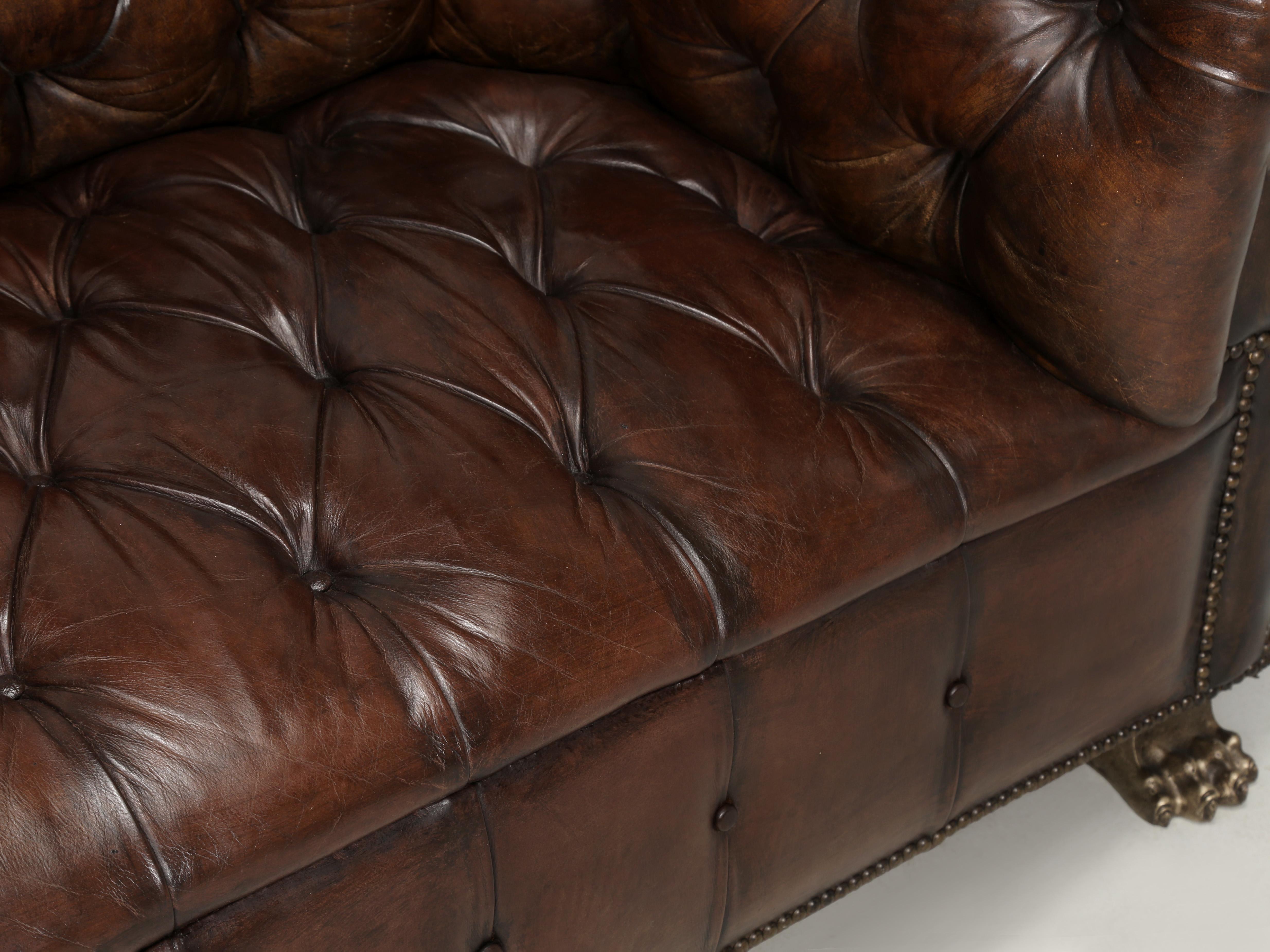 English Chesterfield Leather Sofa Lion Paw Feet Properly and Thoroughly Restored In Good Condition In Chicago, IL