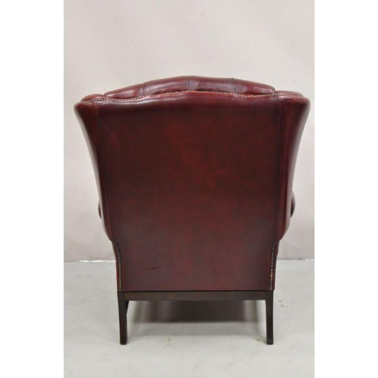 English Chesterfield Oxblood Burgundy Leather Tufted Wingback Chair and Ottoman 5