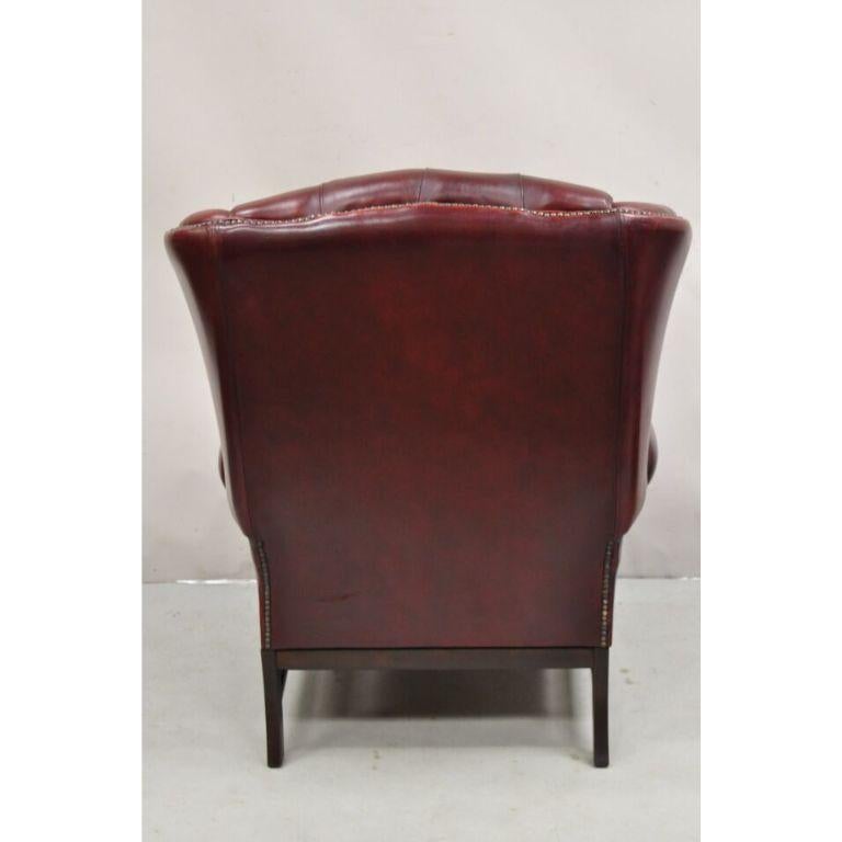 English Chesterfield Oxblood Burgundy Leather Tufted Wingback Chair and Ottoman 3