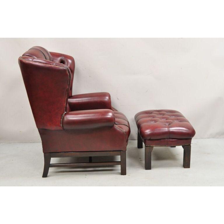 English Chesterfield Oxblood Burgundy Leather Tufted Wingback Chair and Ottoman For Sale 7
