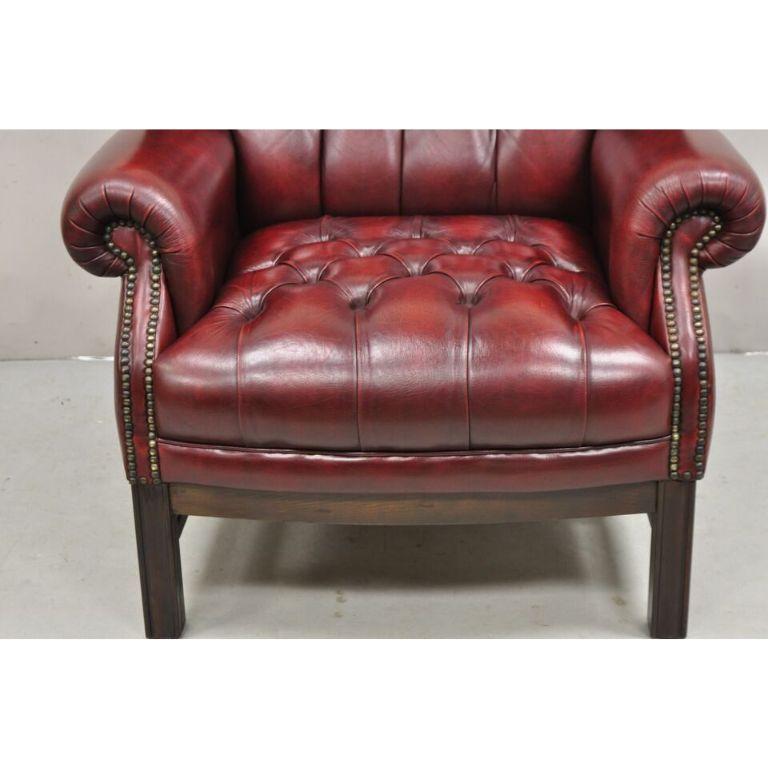English Chesterfield Oxblood Burgundy Leather Tufted Wingback Chair and Ottoman For Sale 8