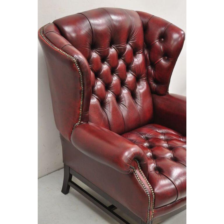 Unknown English Chesterfield Oxblood Burgundy Leather Tufted Wingback Chair and Ottoman