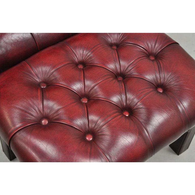 English Chesterfield Oxblood Burgundy Leather Tufted Wingback Chair and Ottoman For Sale 1
