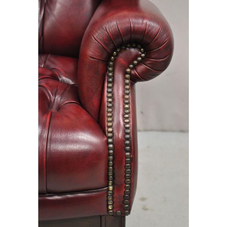 English Chesterfield Oxblood Burgundy Leather Tufted Wingback Chair and Ottoman For Sale 2