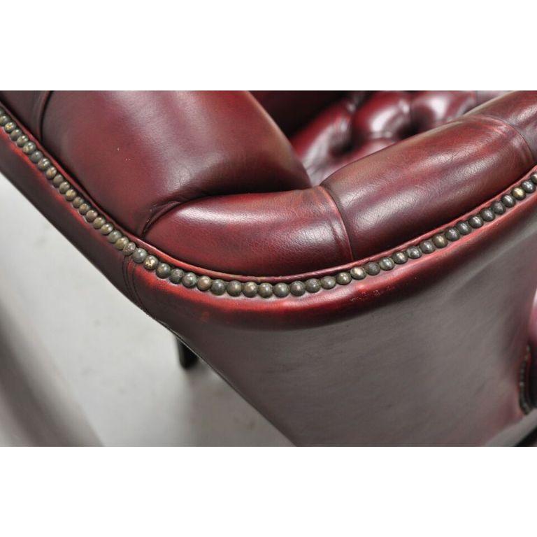 English Chesterfield Oxblood Burgundy Leather Tufted Wingback Chair and Ottoman For Sale 3