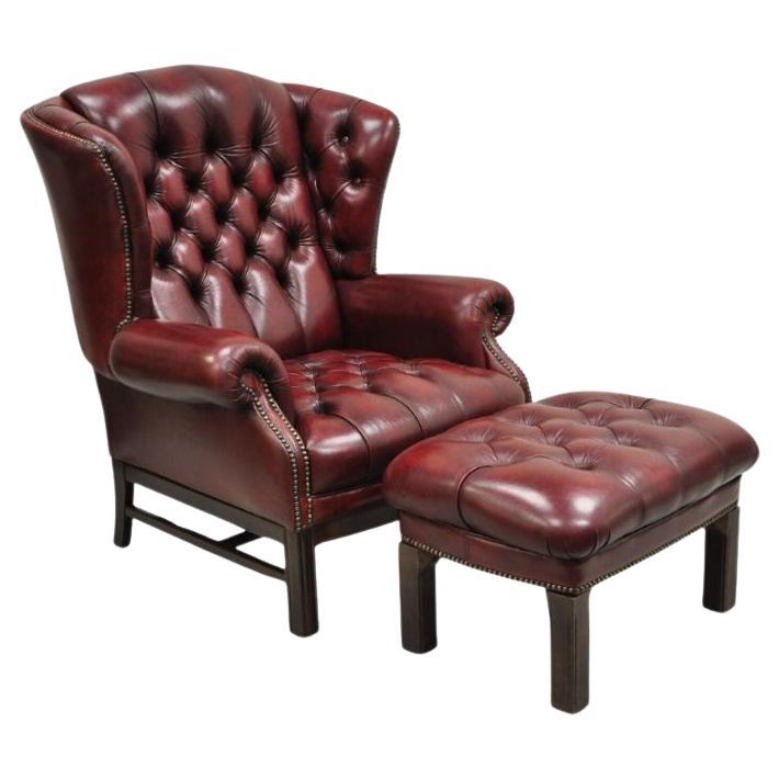English Chesterfield Oxblood Burgundy Leather Tufted Wingback Chair and Ottoman For Sale