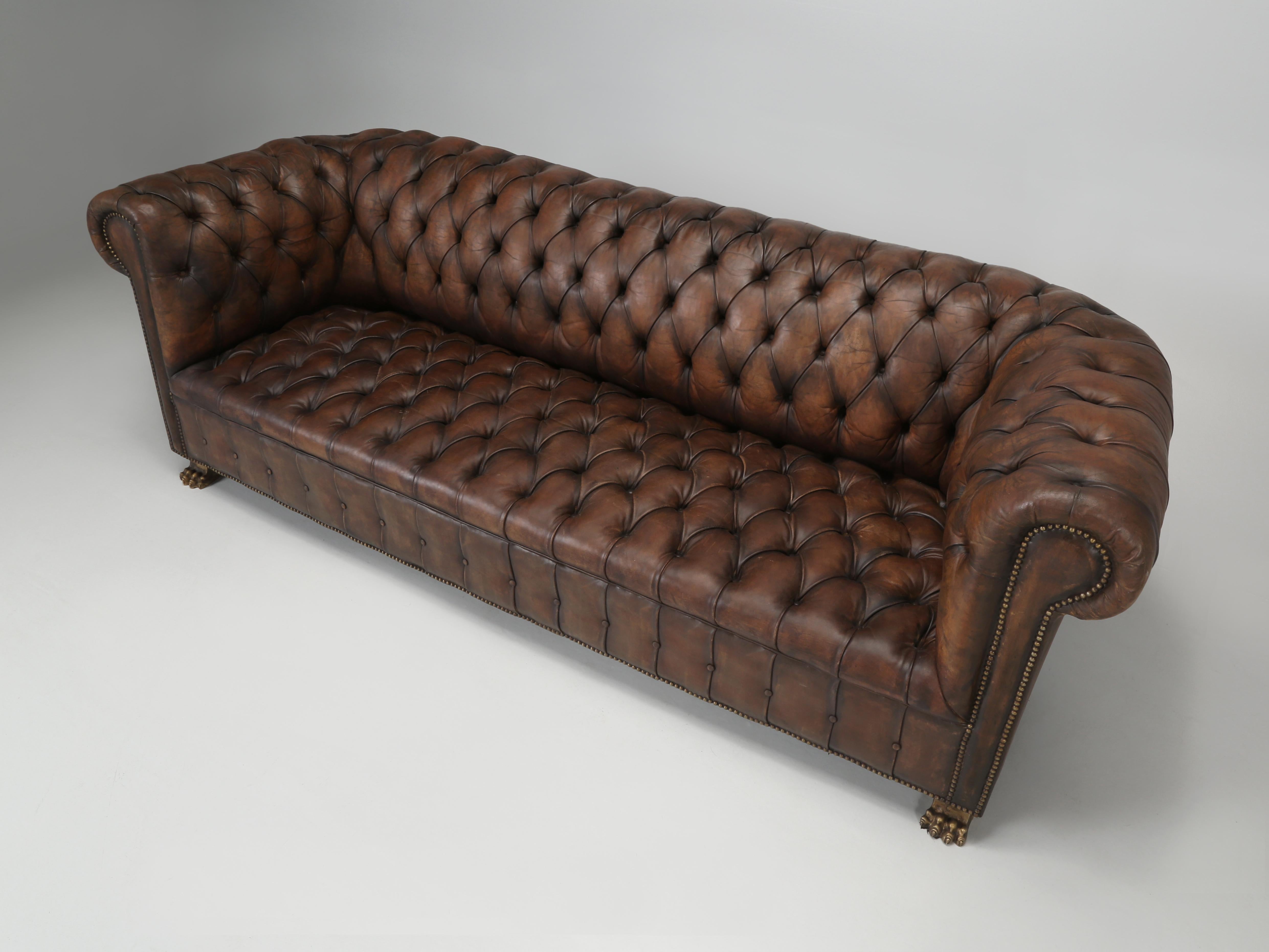 English Chesterfield Sofa Restored Internally Maintains Mostly Original Leather 5