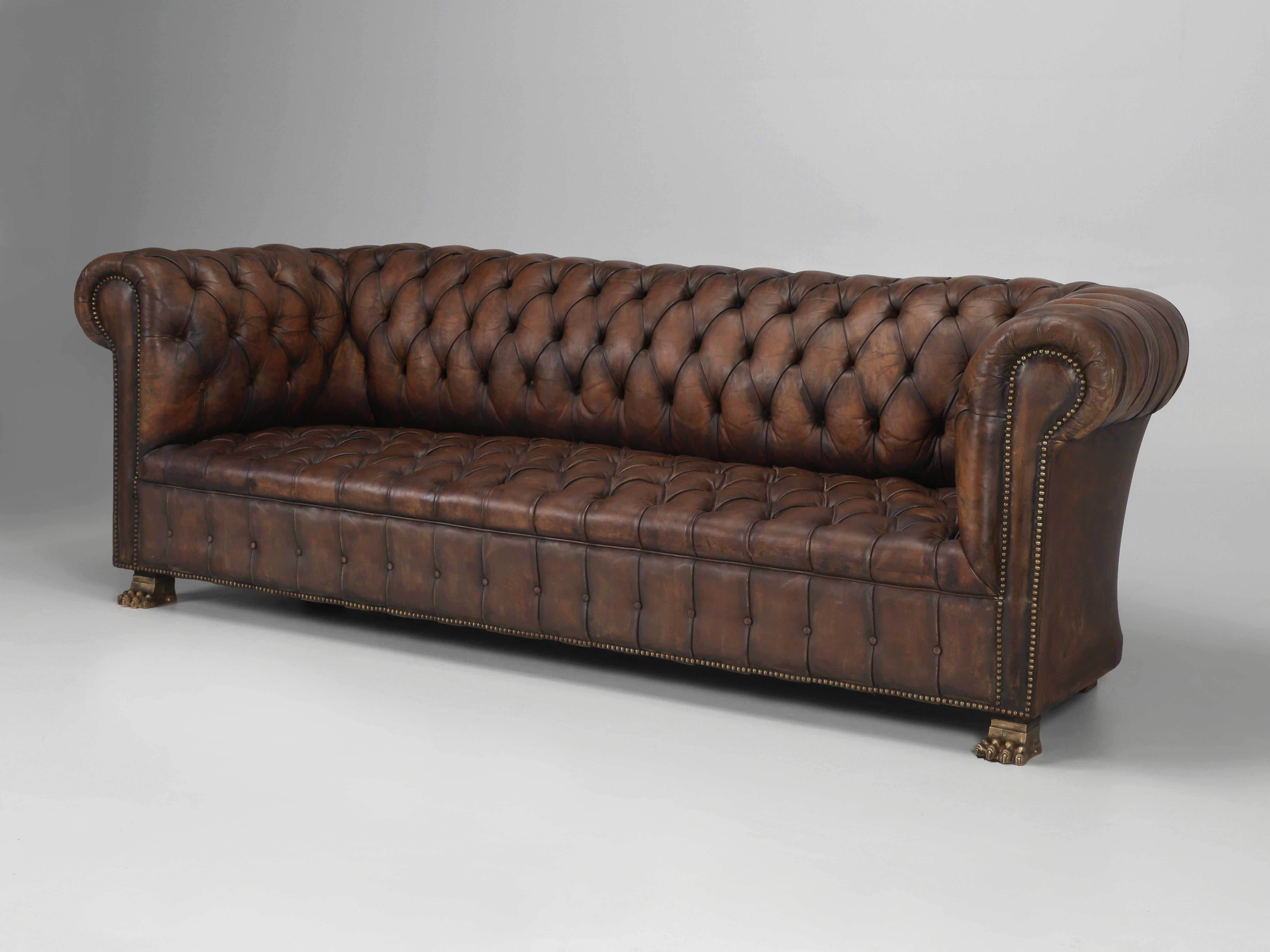 Old Chesterfield leather sofa that Old Plank recently imported from Ireland. Upon this old Chesterfield sofa’s arrival, it was immediately placed in a queue along with a few other leather Chesterfield sofas for restoration. We seem to have an