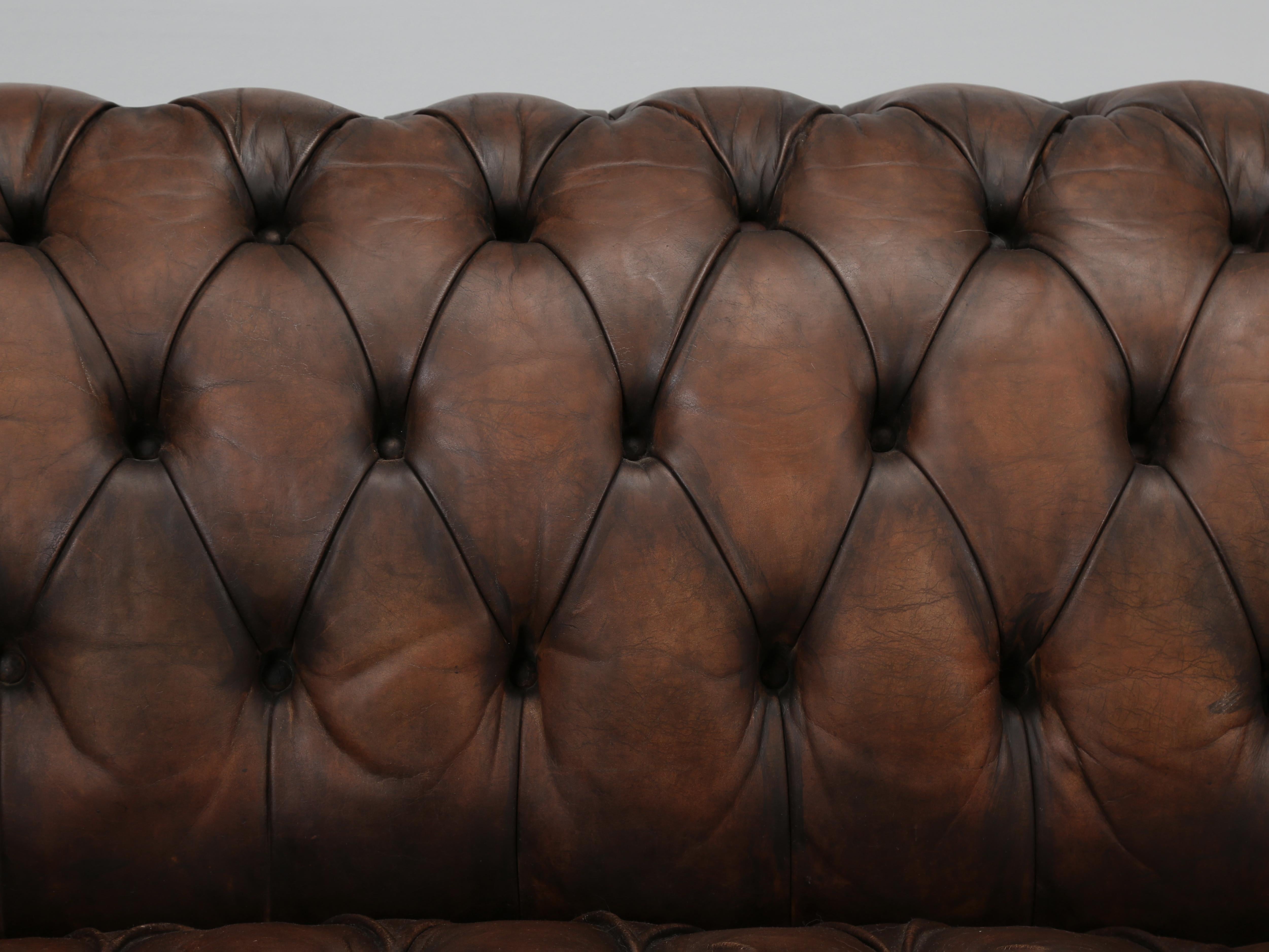 Bronze English Chesterfield Sofa Restored Internally Maintains Mostly Original Leather