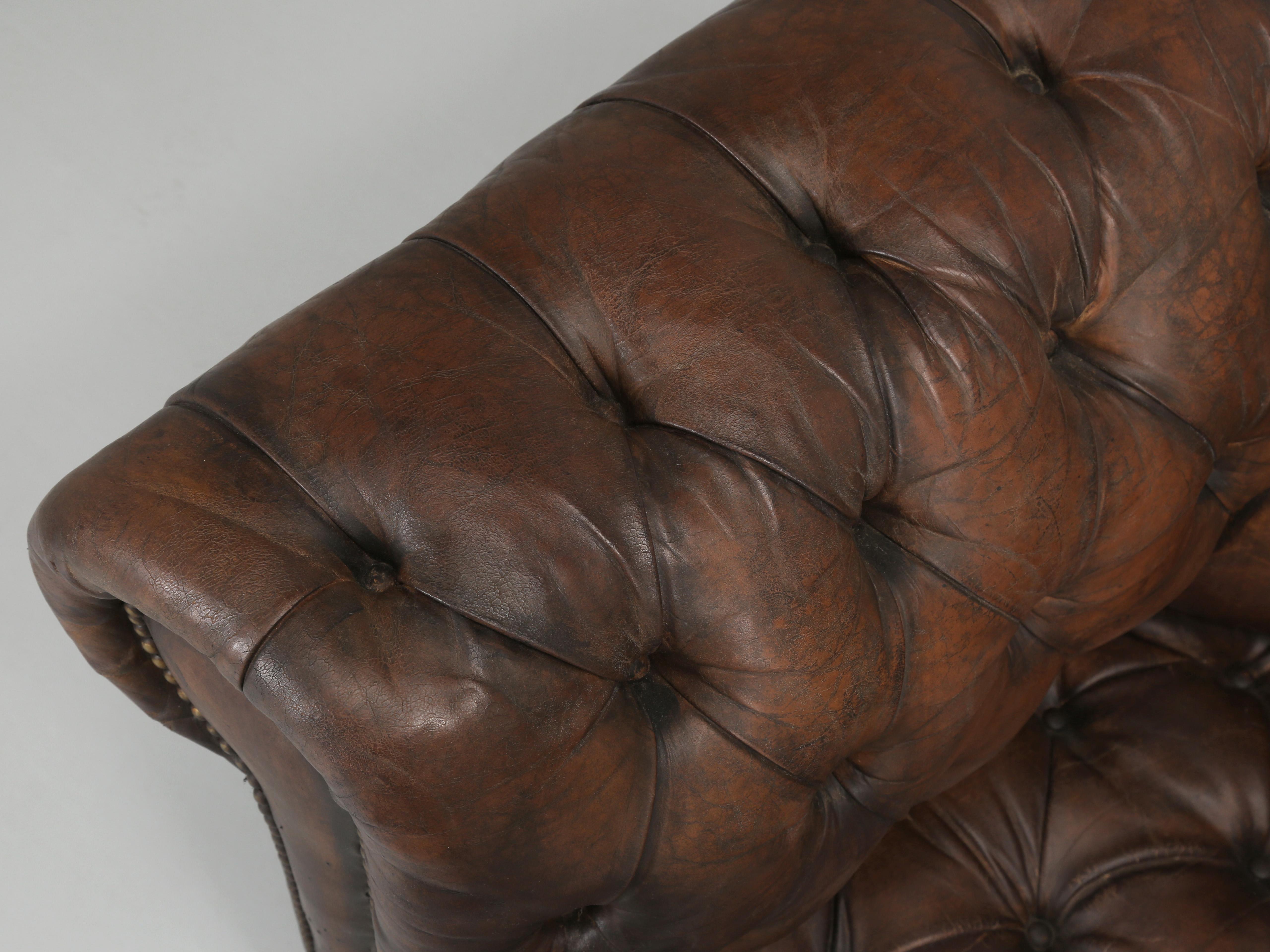 English Chesterfield Sofa Restored Internally Maintains Mostly Original Leather 2