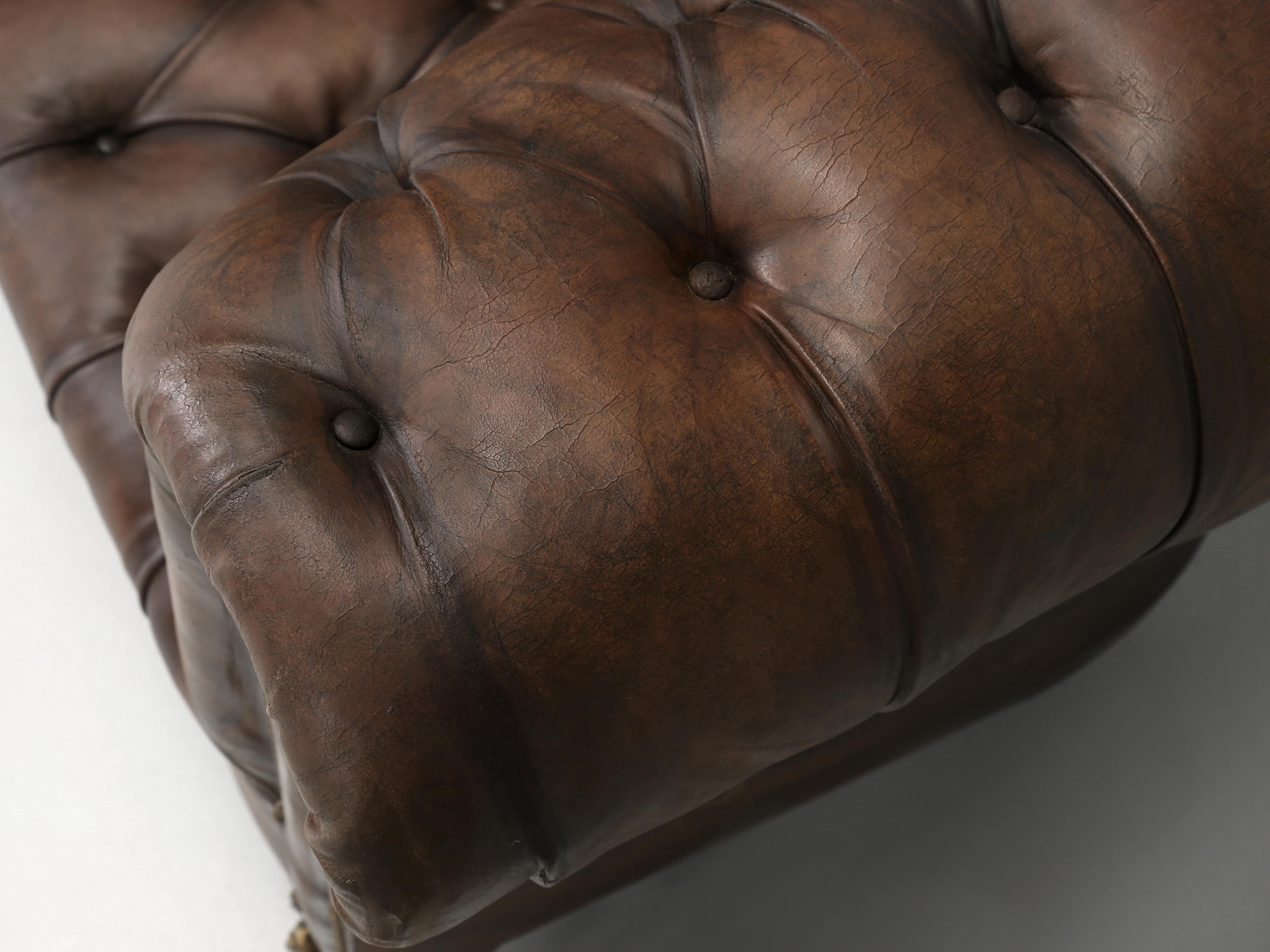 English Chesterfield Sofa Restored Internally Maintains Mostly Original Leather 3