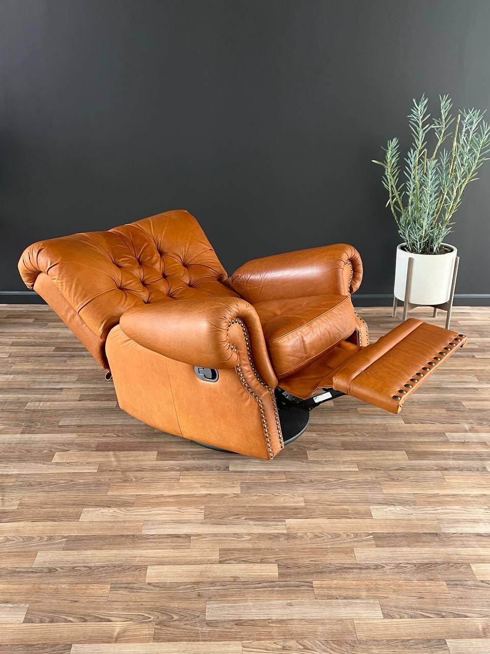 American English Chesterfield Style Italian Leather Reclining Lounge Chair