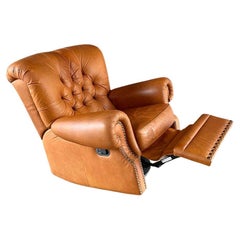 Vintage English Chesterfield Style Italian Leather Reclining Lounge Chair