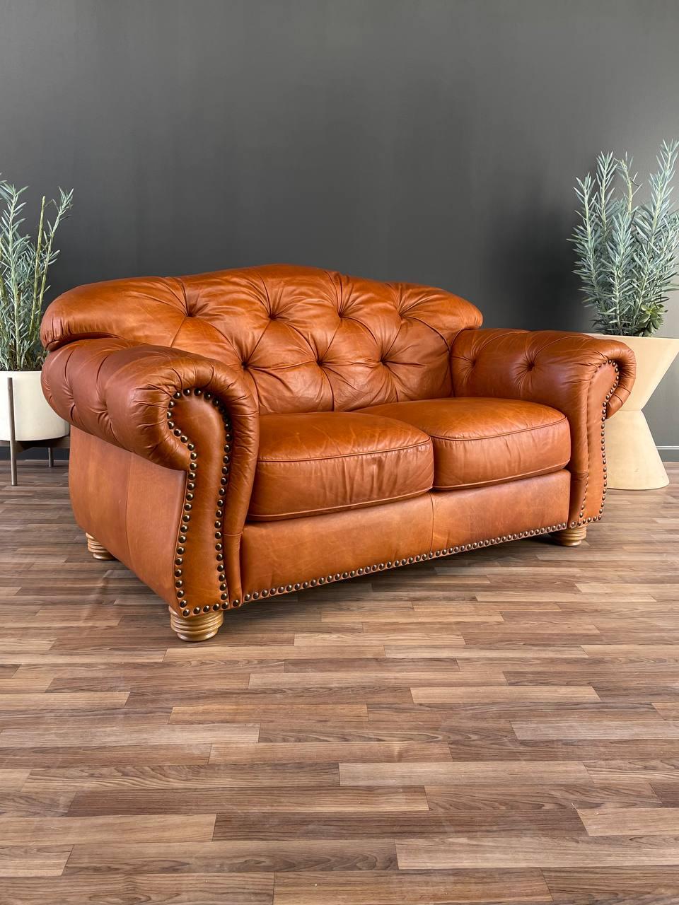American English Chesterfield Style Italian Leather Sofa