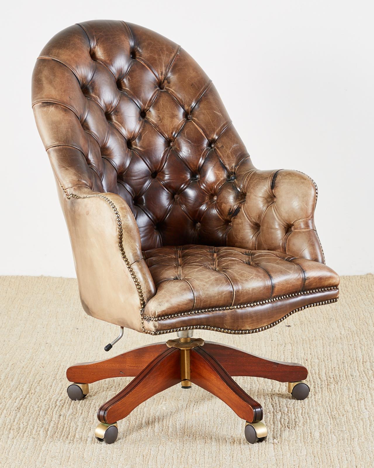 English Chesterfield Style Tufted Leather Executive Desk Chair In Distressed Condition In Rio Vista, CA