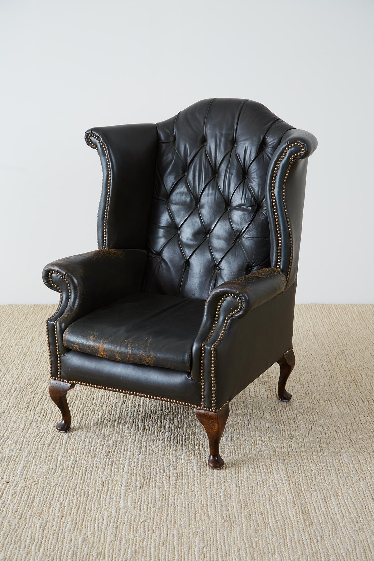 Victorian English Chesterfield Tufted Leather Wingback Library Chair