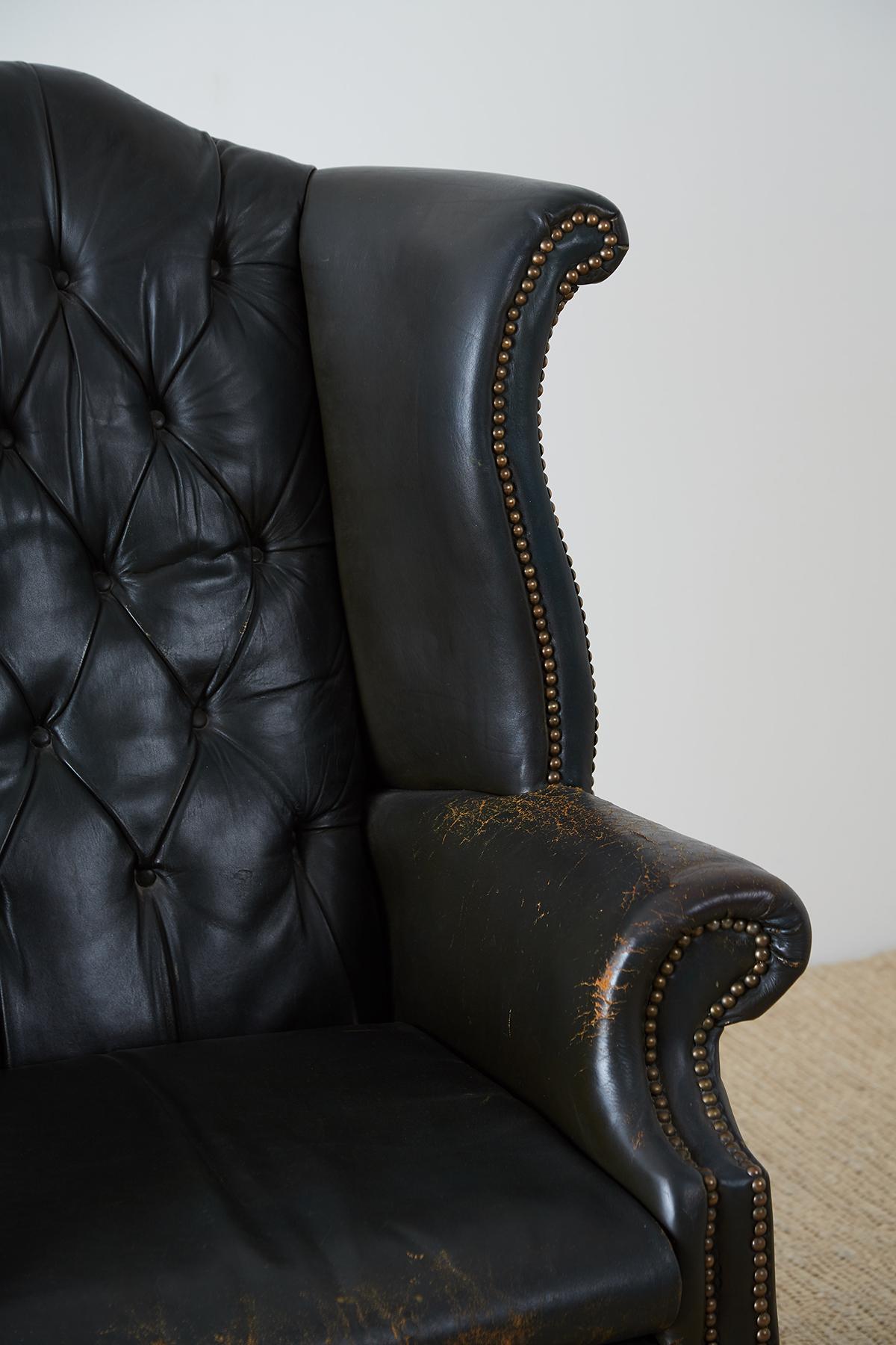 20th Century English Chesterfield Tufted Leather Wingback Library Chair