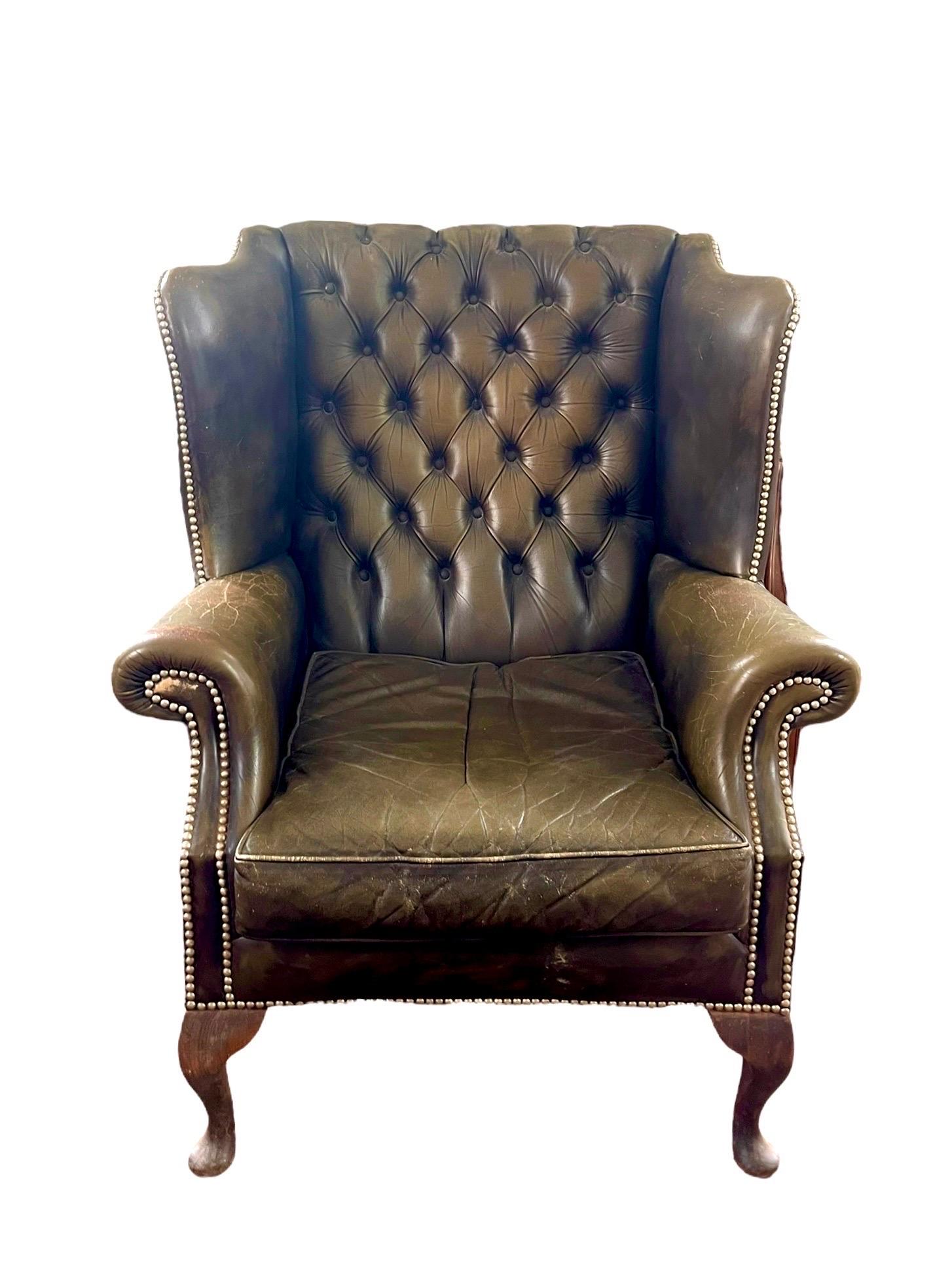 English Chesterfield Wingback Armchair Brown Green Leather - Armchair - England For Sale 5