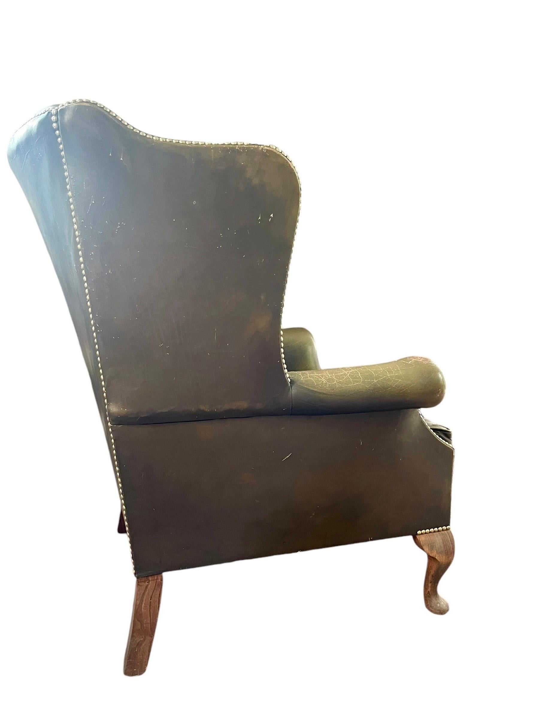 English Chesterfield Wingback Armchair Brown Green Leather - Armchair - England For Sale 6