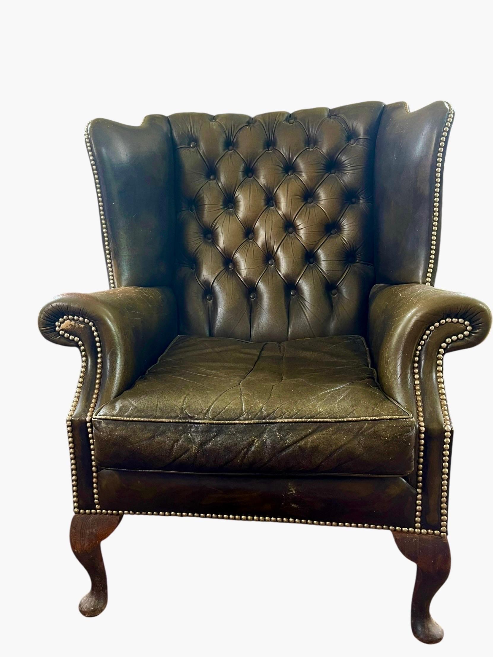 English Chesterfield Wingback Armchair Brown Green Leather - Armchair - England For Sale 7