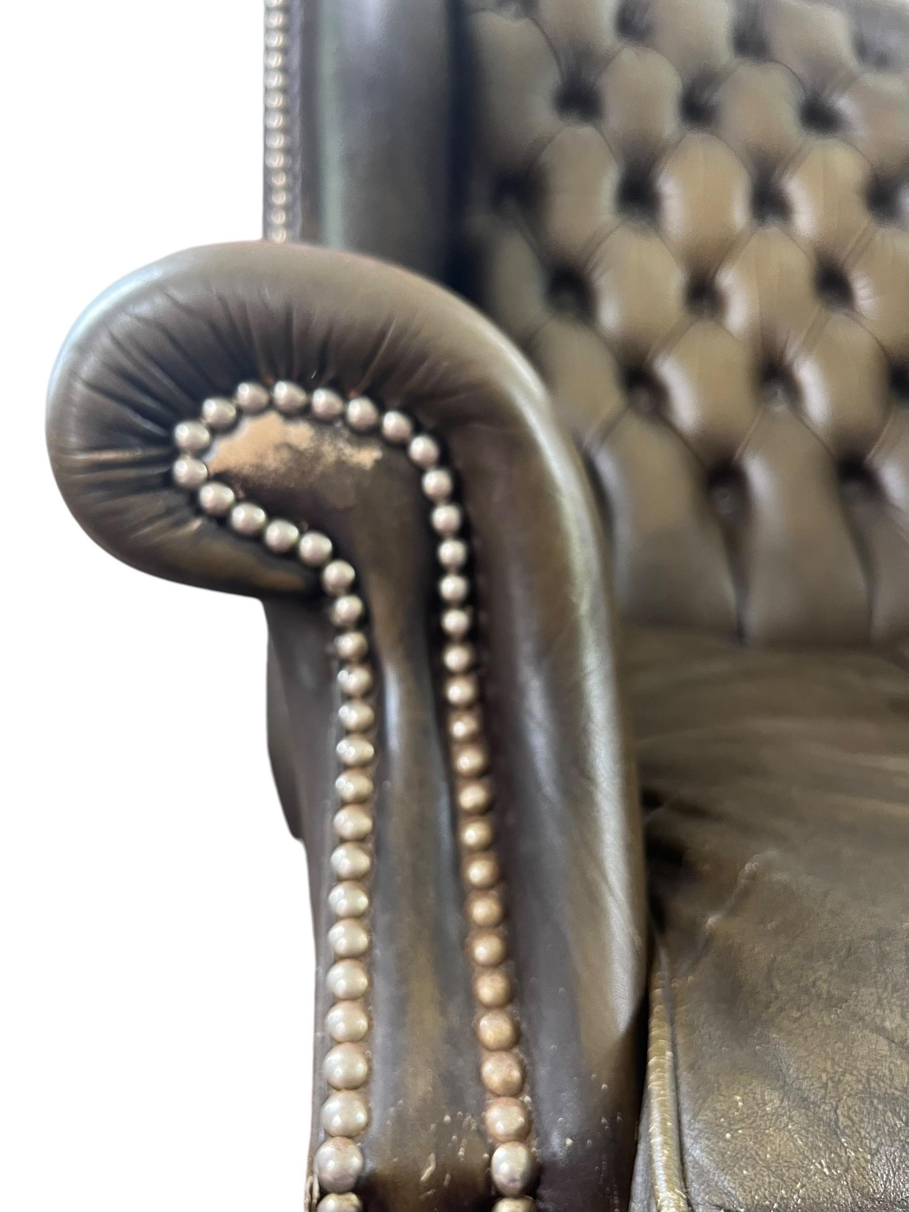 English Chesterfield Wingback Armchair Brown Green Leather - Armchair - England For Sale 8