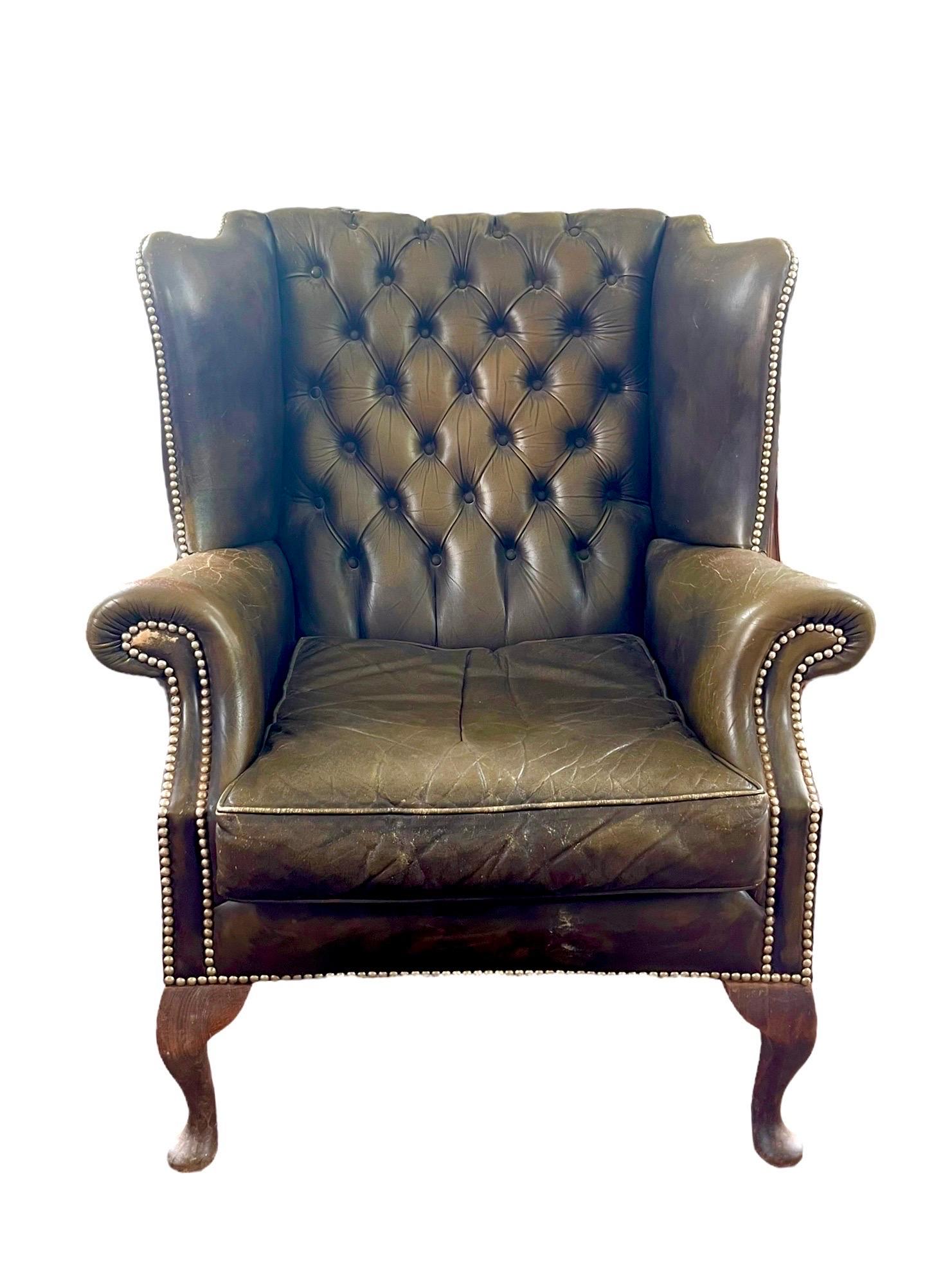 English Chesterfield Wingback Armchair Brown Green Leather - Armchair - England For Sale 9