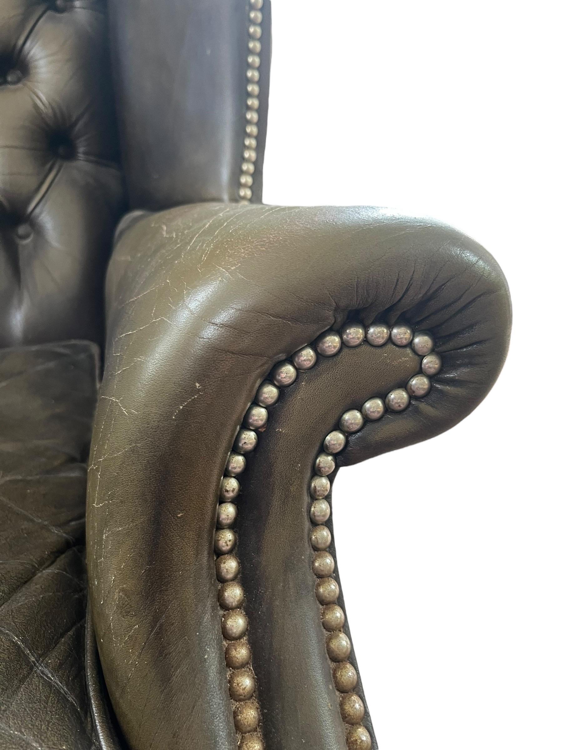 English Chesterfield Wingback Armchair Brown Green Leather - Armchair - England For Sale 11