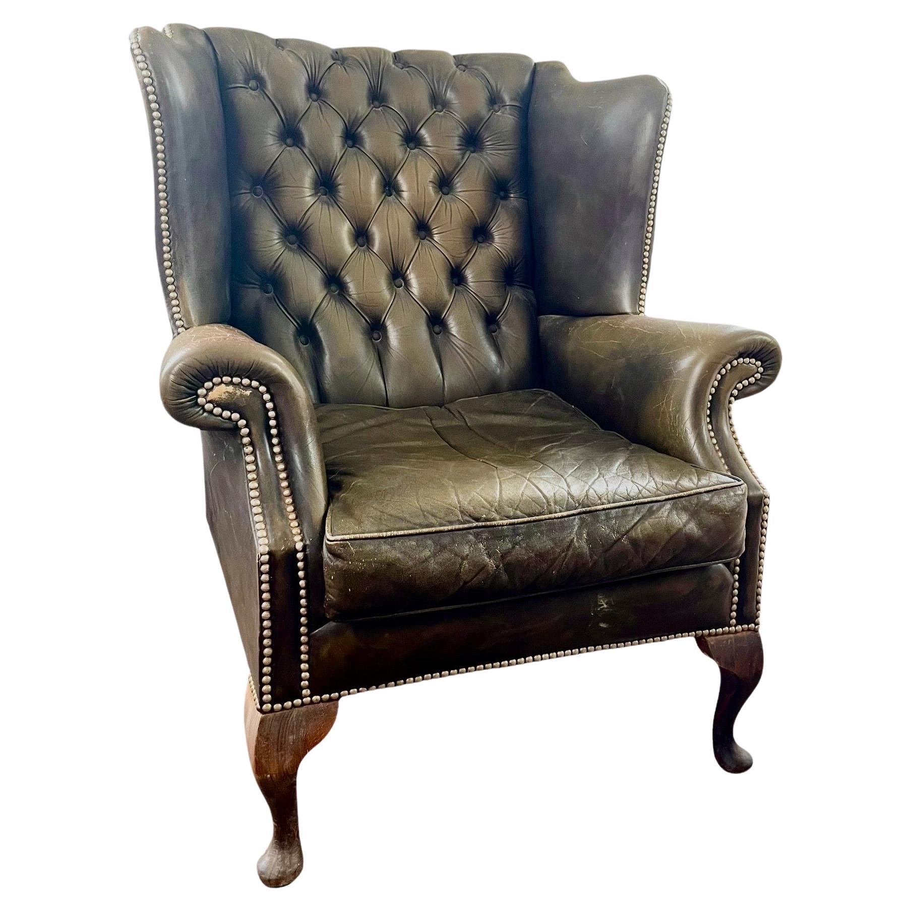 British English Chesterfield Wingback Armchair Brown Green Leather - Armchair - England For Sale