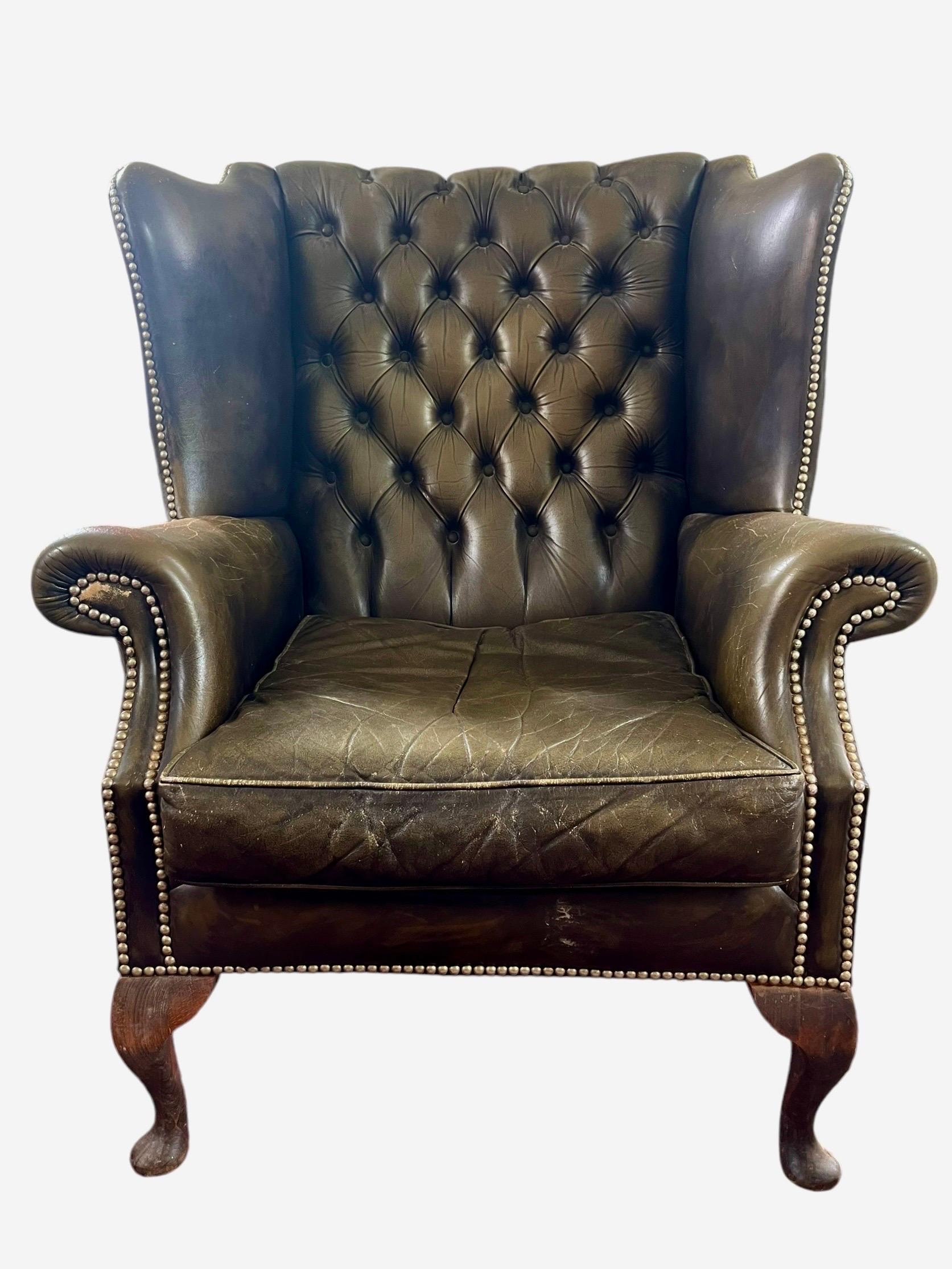 20th Century English Chesterfield Wingback Armchair Brown Green Leather - Armchair - England For Sale