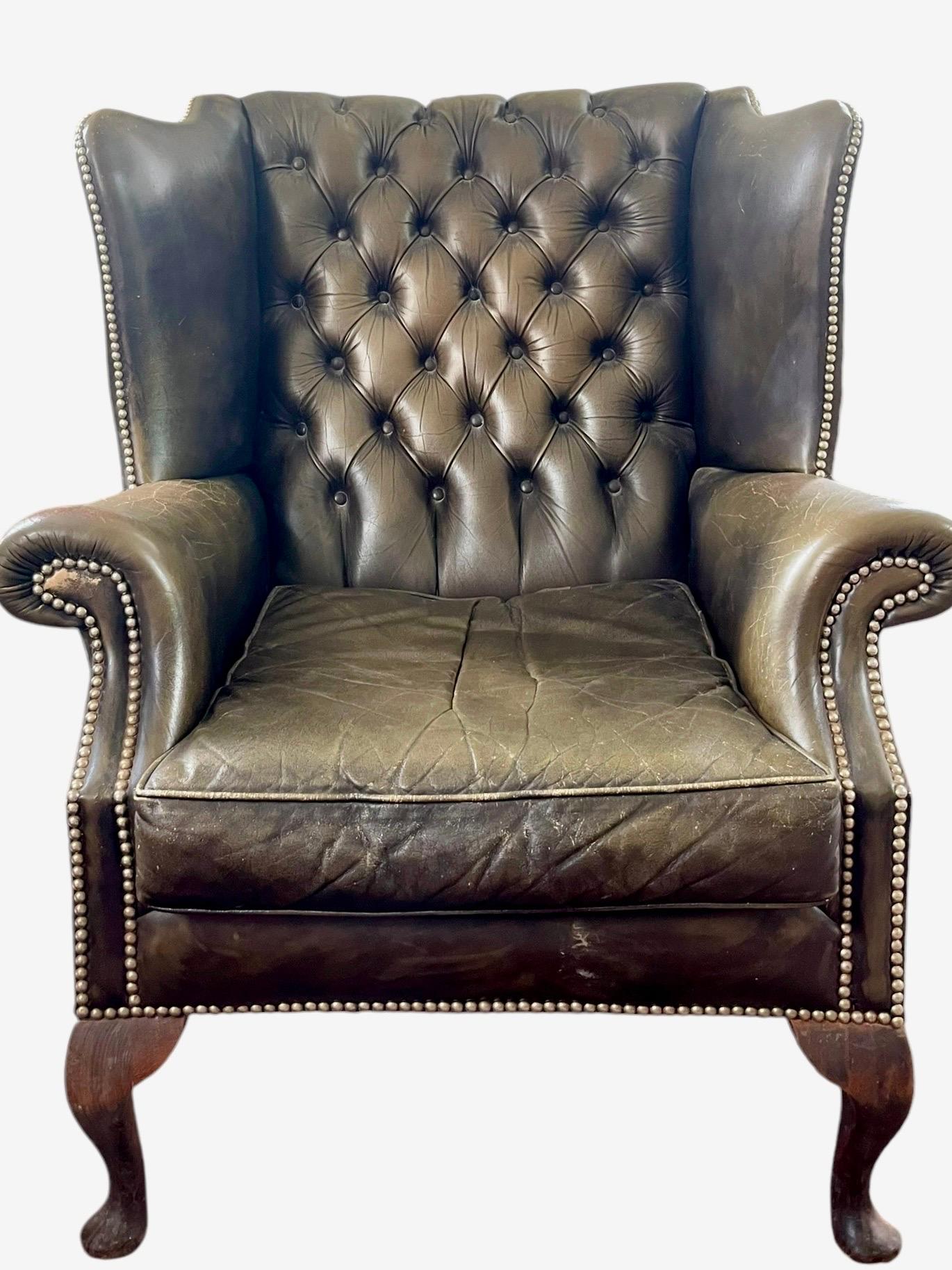 English Chesterfield Wingback Armchair Brown Green Leather - Armchair - England For Sale 1