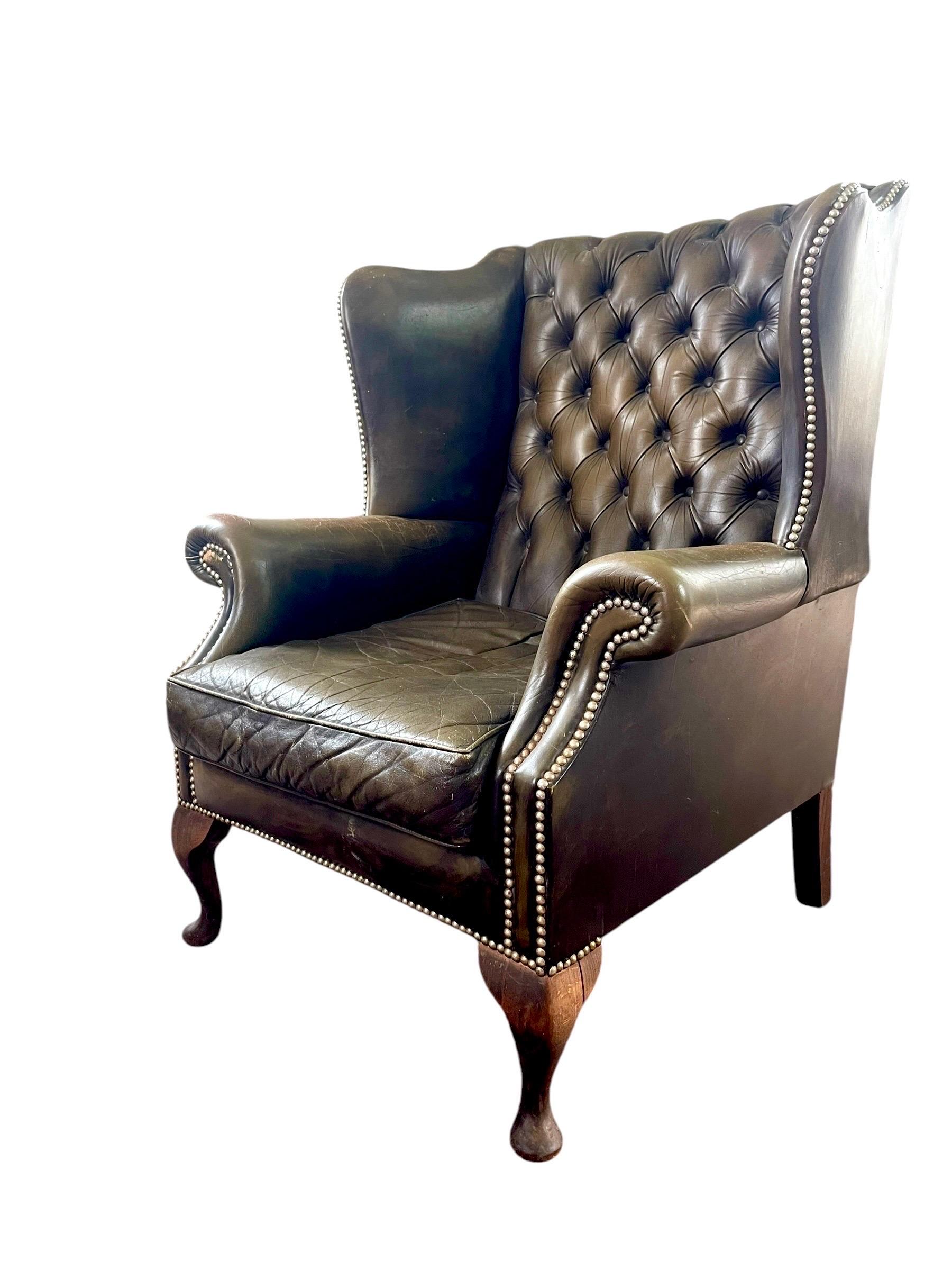 English Chesterfield Wingback Armchair Brown Green Leather - Armchair - England For Sale 2