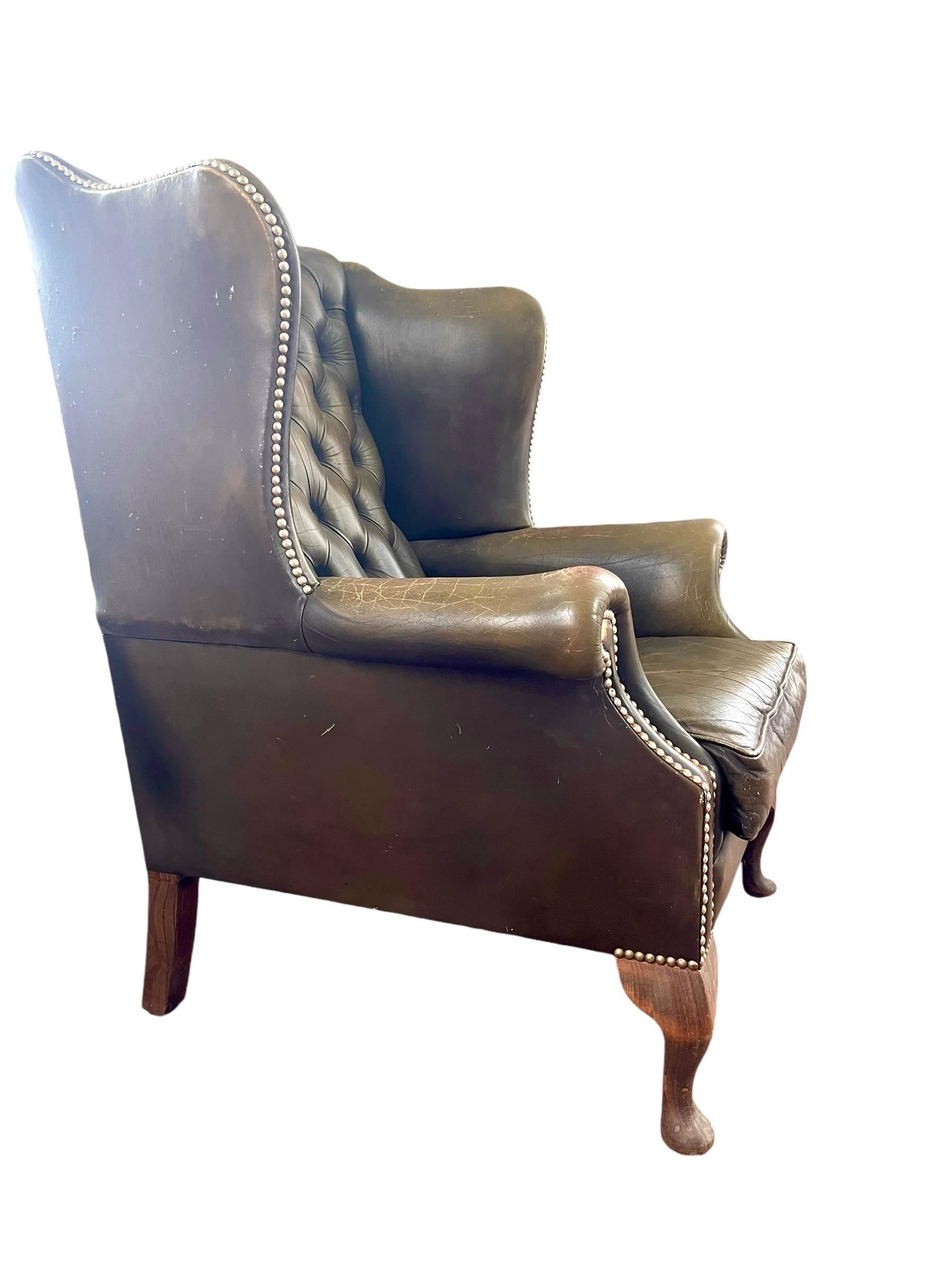 English Chesterfield Wingback Armchair Brown Green Leather - Armchair - England For Sale 4