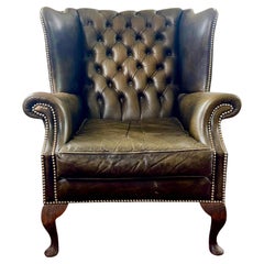 English Chesterfield Wingback Armchair Brown Green Leather - Armchair - England