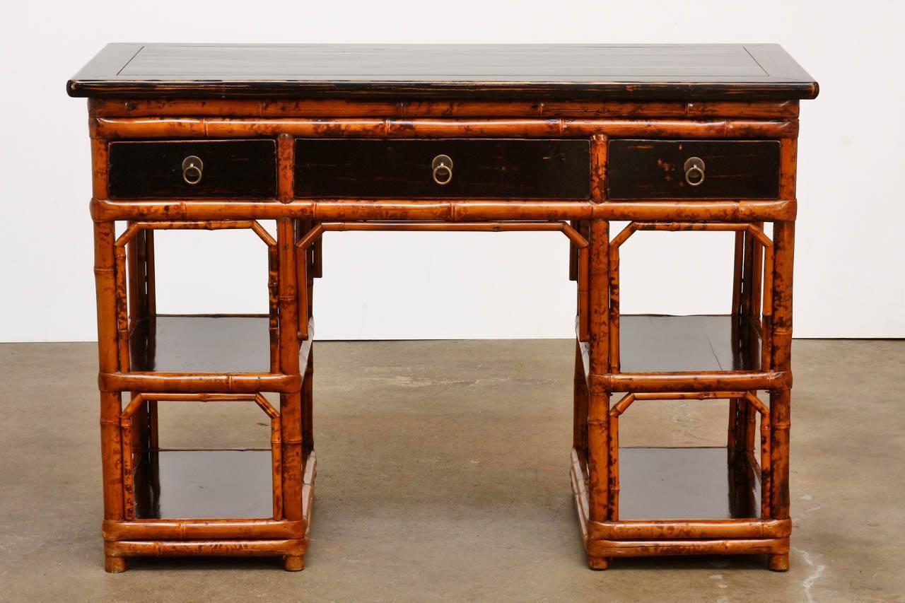 English Chinese Chippendale Chinoiserie Style Bamboo Desk In Excellent Condition In Rio Vista, CA