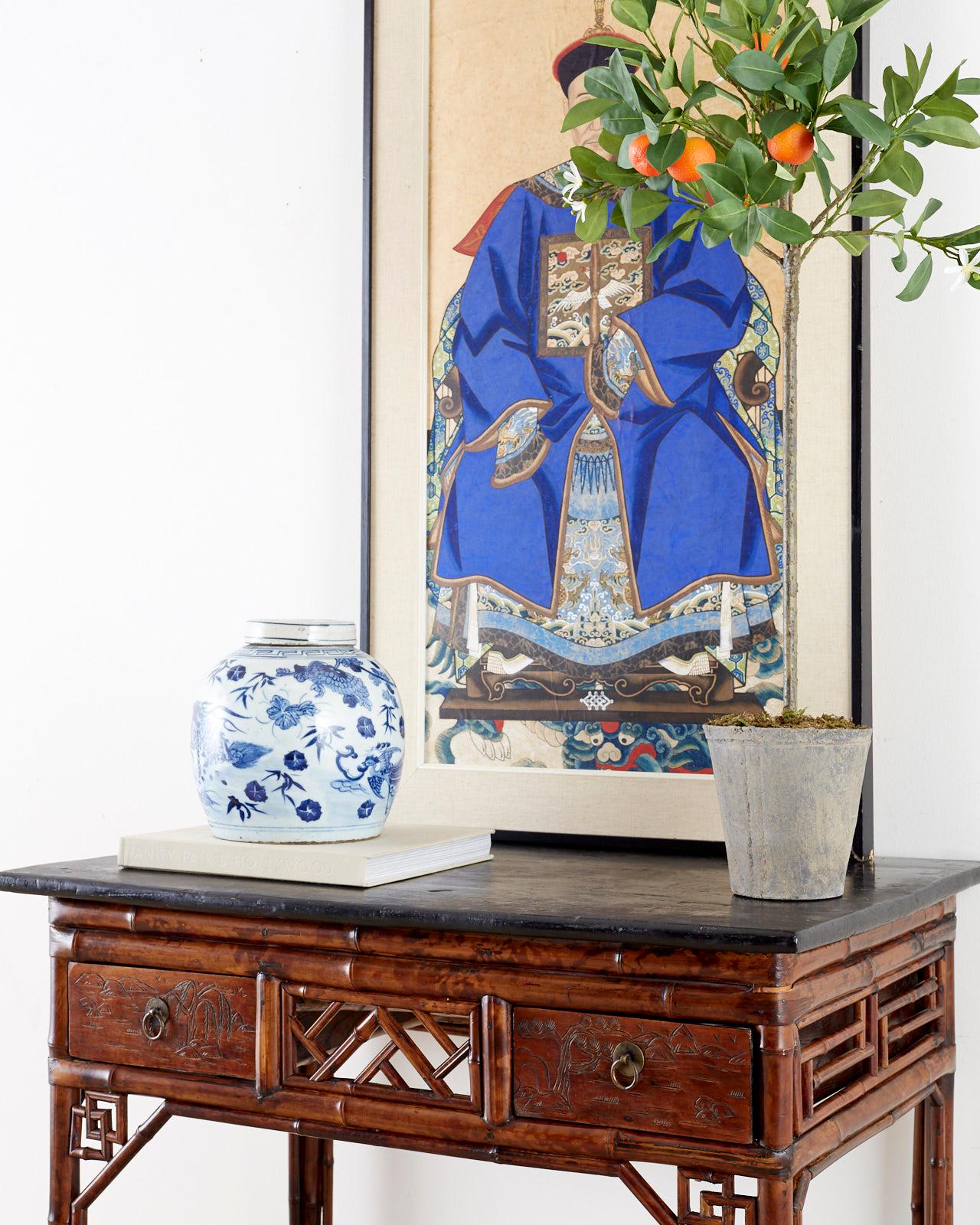 Ebonized English Chinese Chippendale Chinoiserie Style Bamboo Table