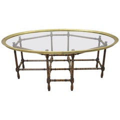 English Chinese Chippendale Faux Bamboo Glass Brass Tray Top Coffee Table