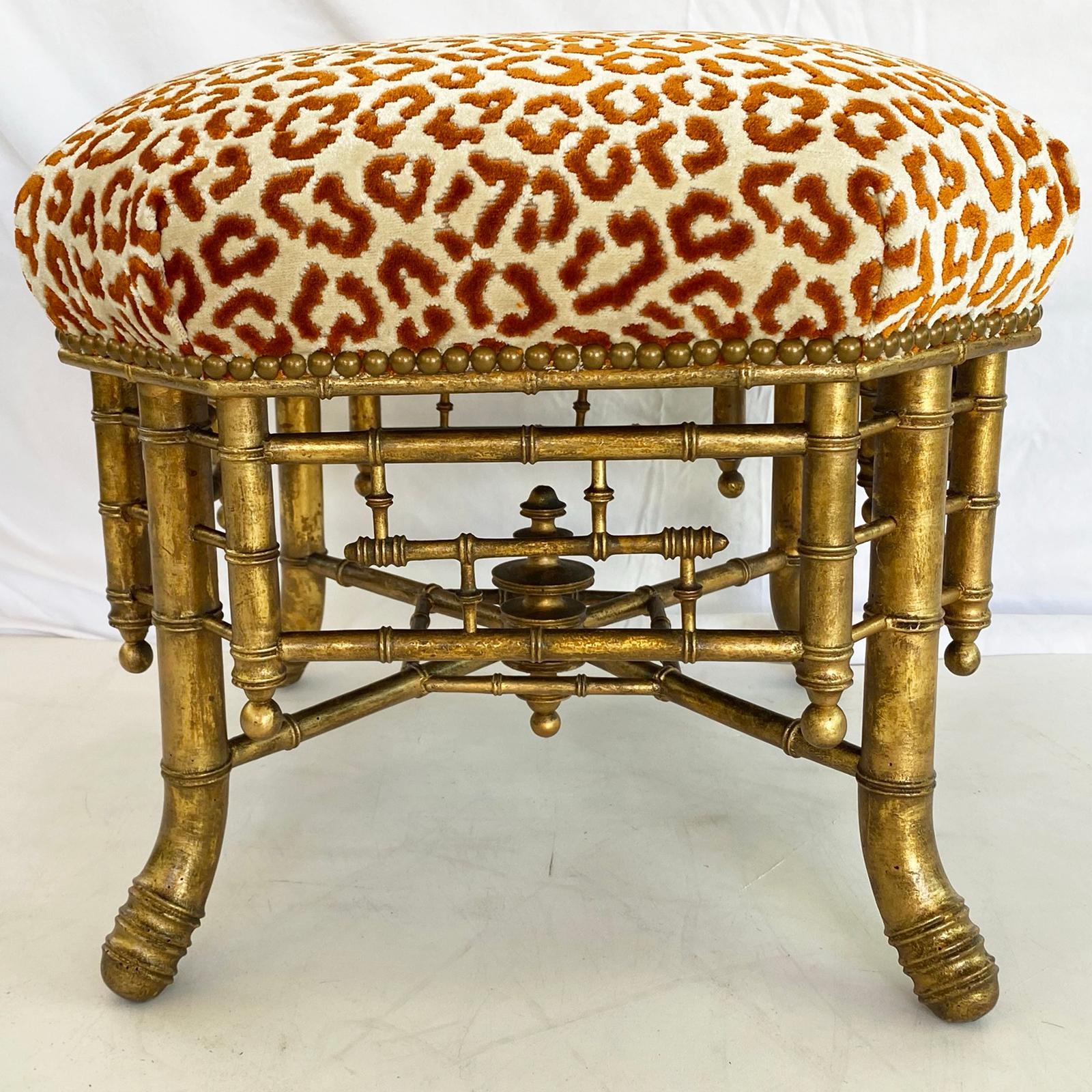 Carved English Chinese Chippendale Giltwood Faux Bamboo Stool  For Sale
