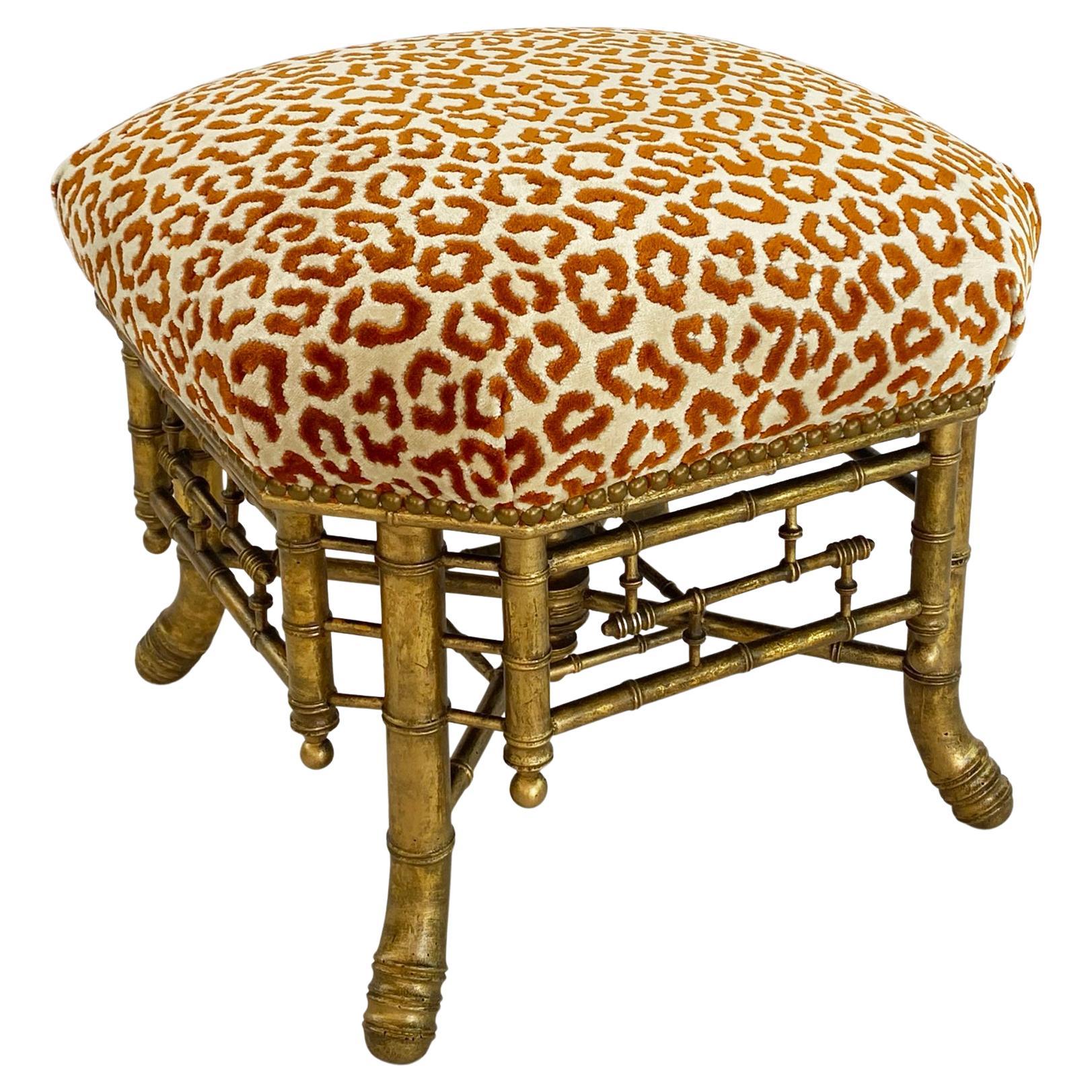 English Chinese Chippendale Giltwood Faux Bamboo Stool  For Sale