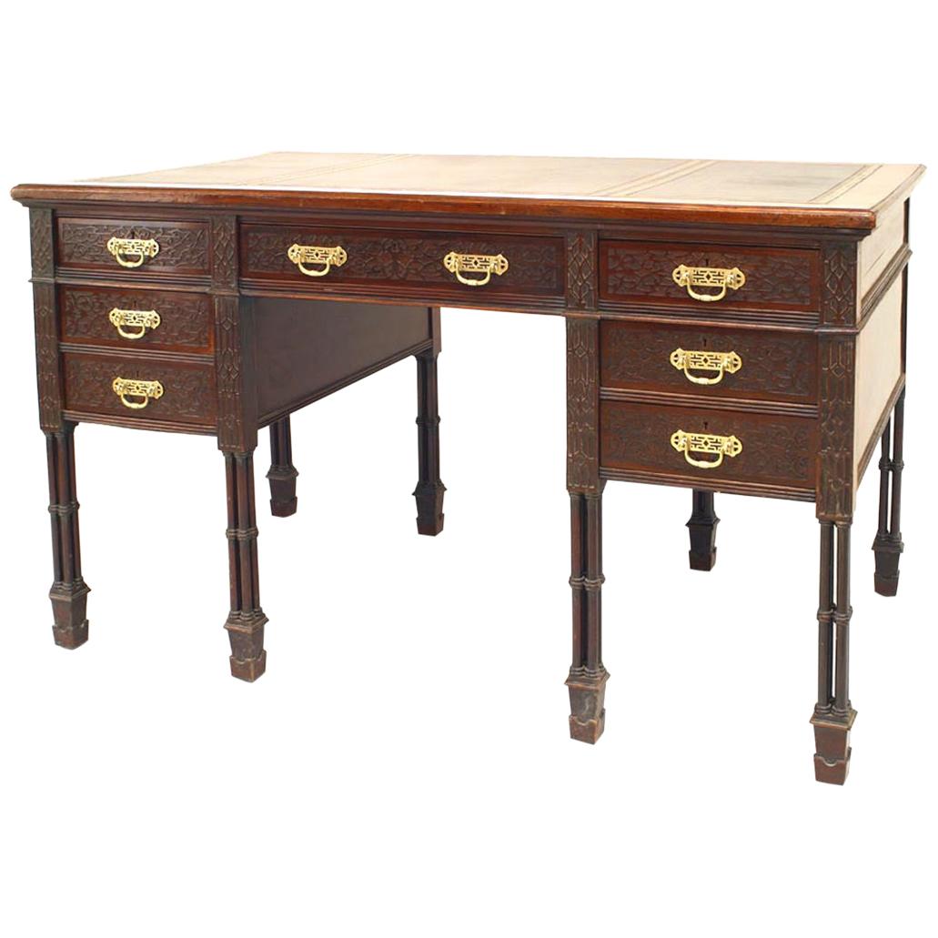 English Chinese Chippendale Mahogany Desk For Sale