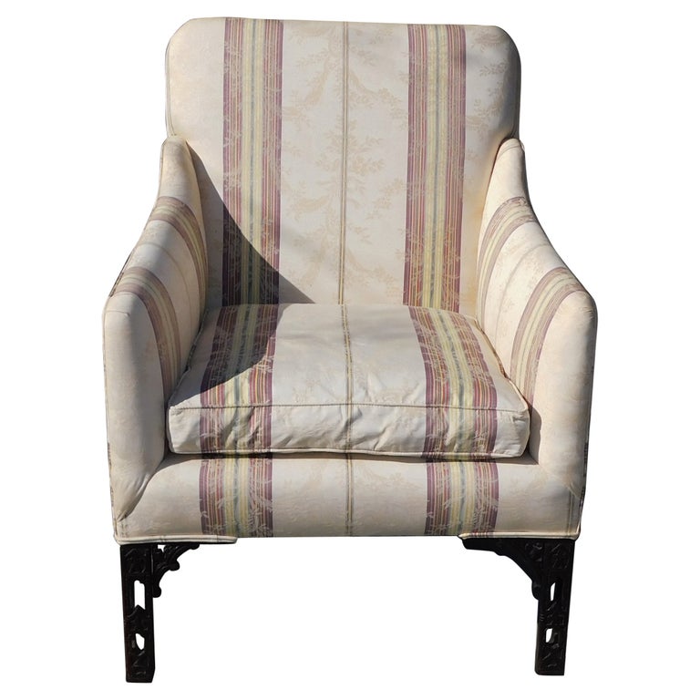 English Chinese Chippendale Mahogany Upholstered Fret Work Arm