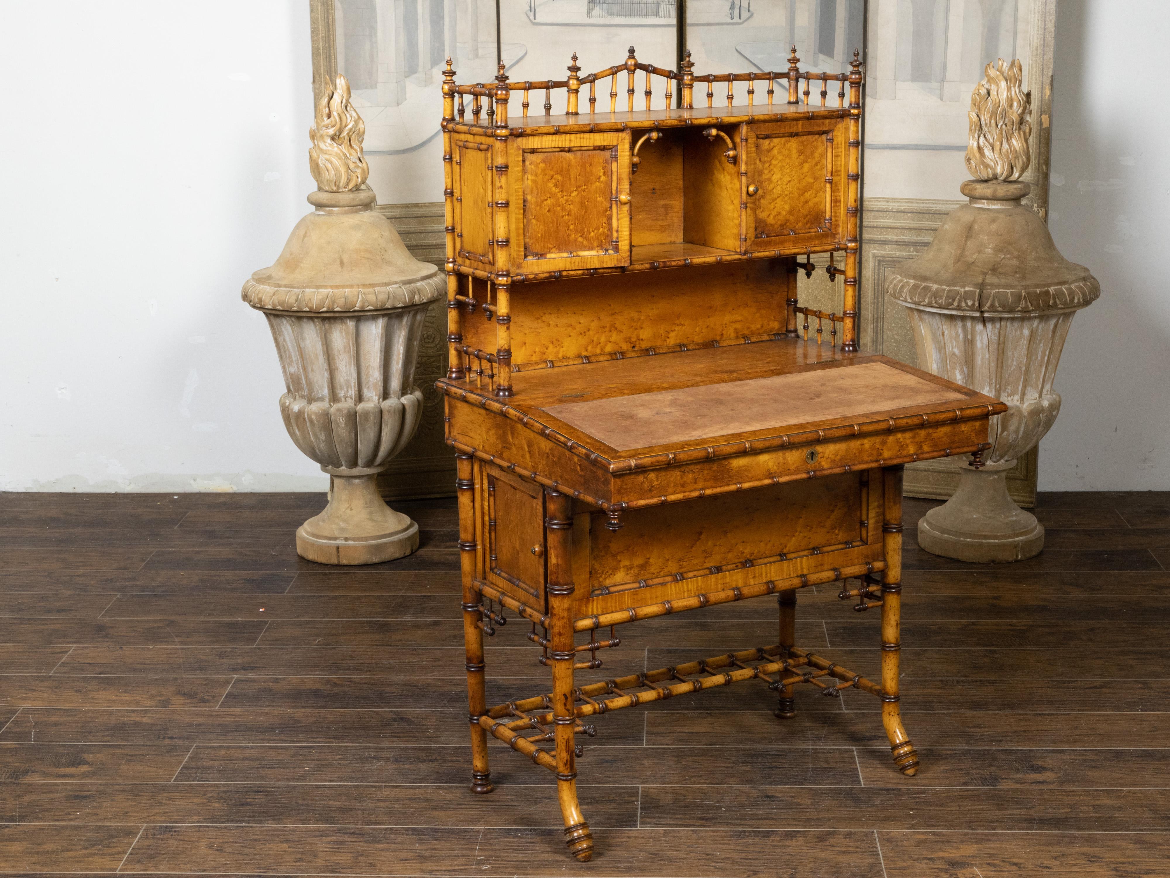 English Chinese Chippendale Style Bamboo Secretary with Slanted Lift-Top Desk For Sale 5
