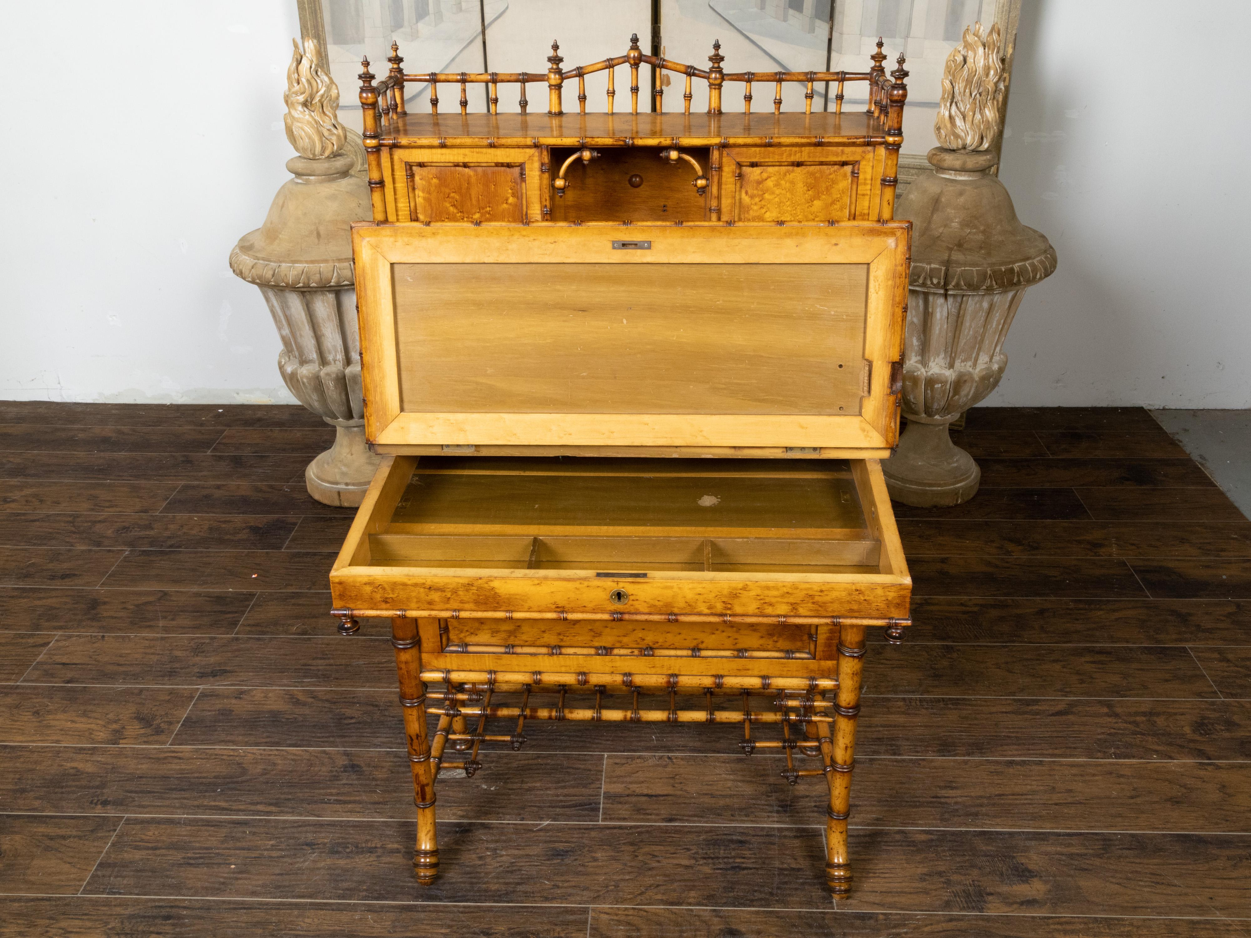 English Chinese Chippendale Style Bamboo Secretary with Slanted Lift-Top Desk For Sale 7