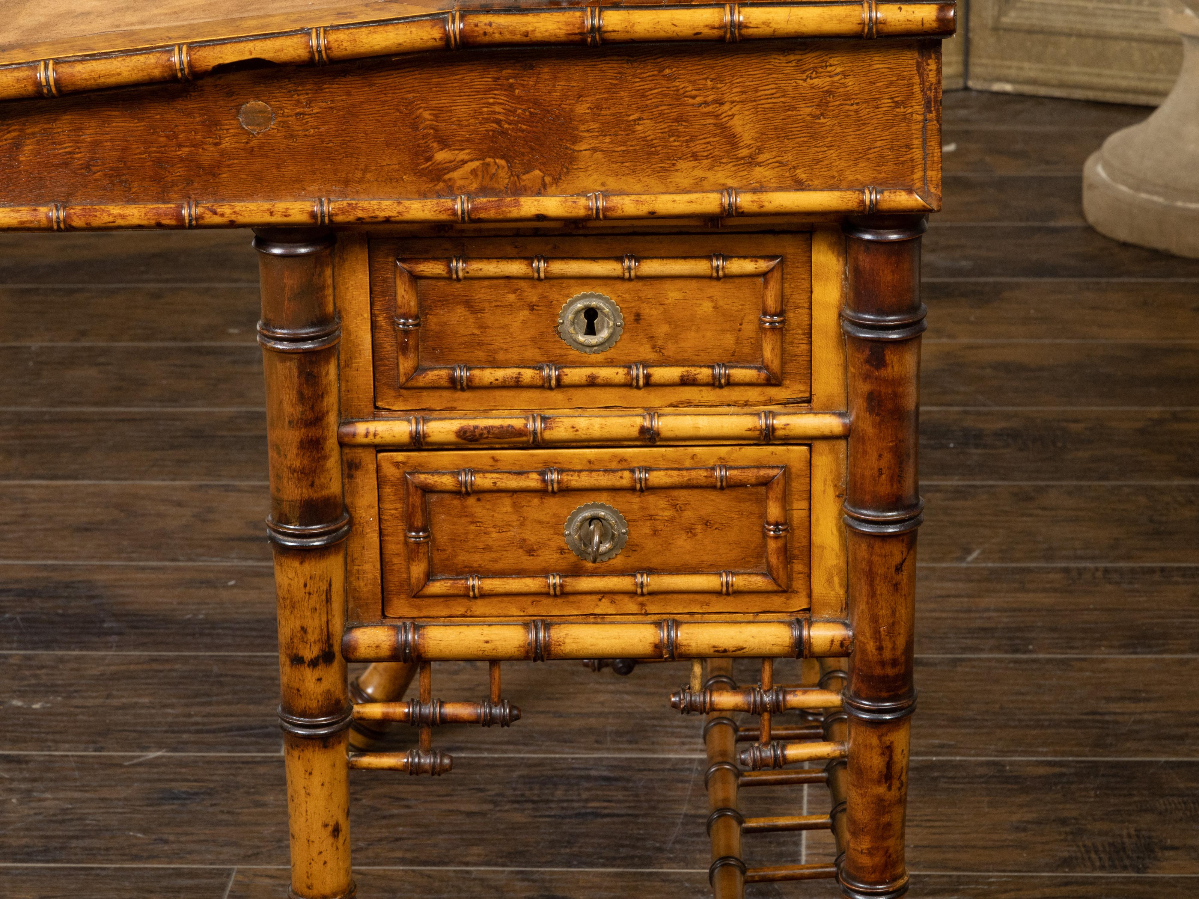19th Century English Chinese Chippendale Style Bamboo Secretary with Slanted Lift-Top Desk For Sale