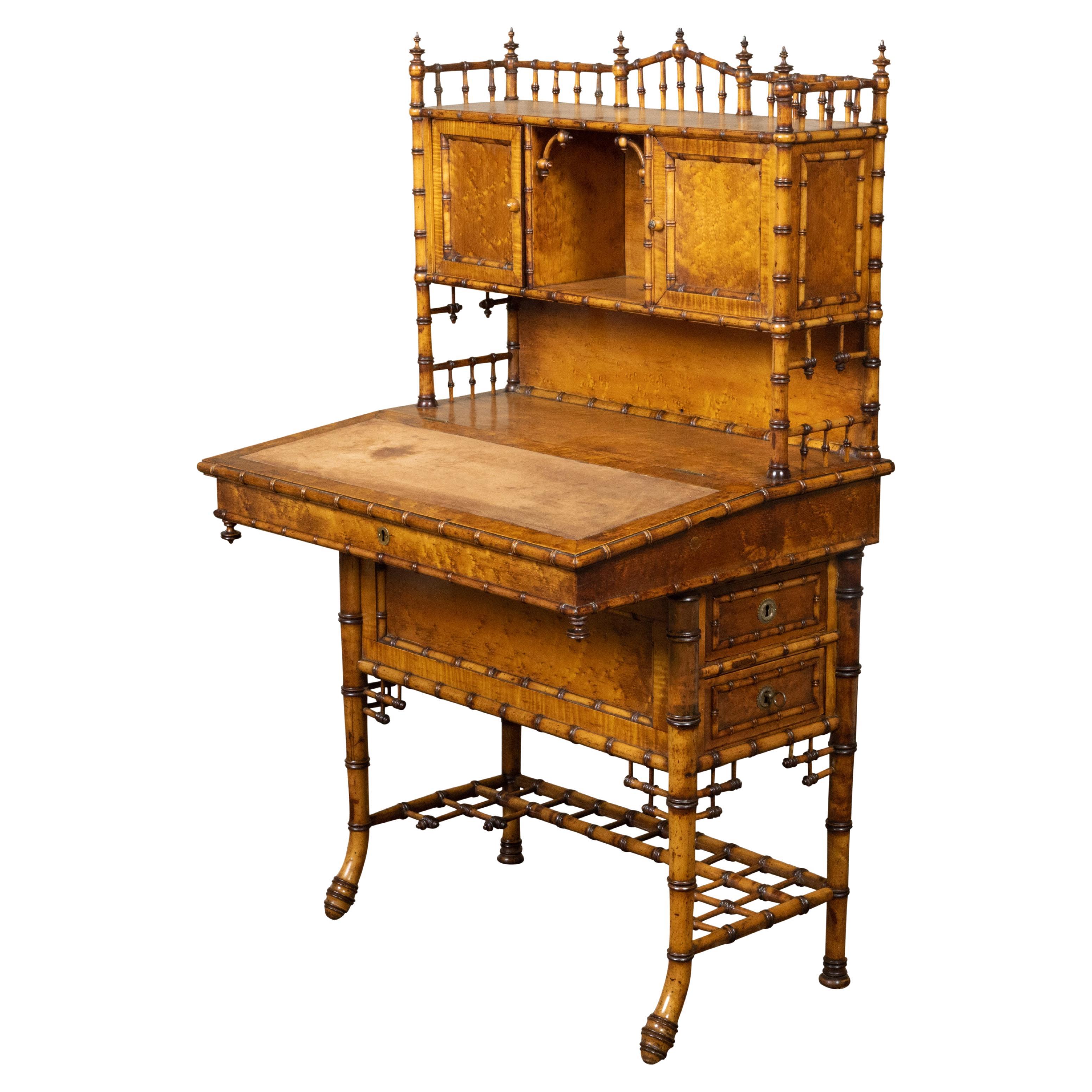 English Chinese Chippendale Style Bamboo Secretary with Slanted Lift-Top Desk