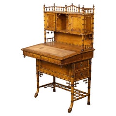 English Chinese Chippendale Style Bamboo Secretary with Slanted Lift-Top Desk