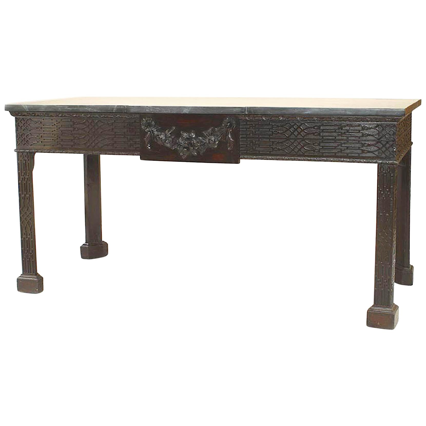 Chinese Chippendale Mahogany Green Marble Console Table For Sale