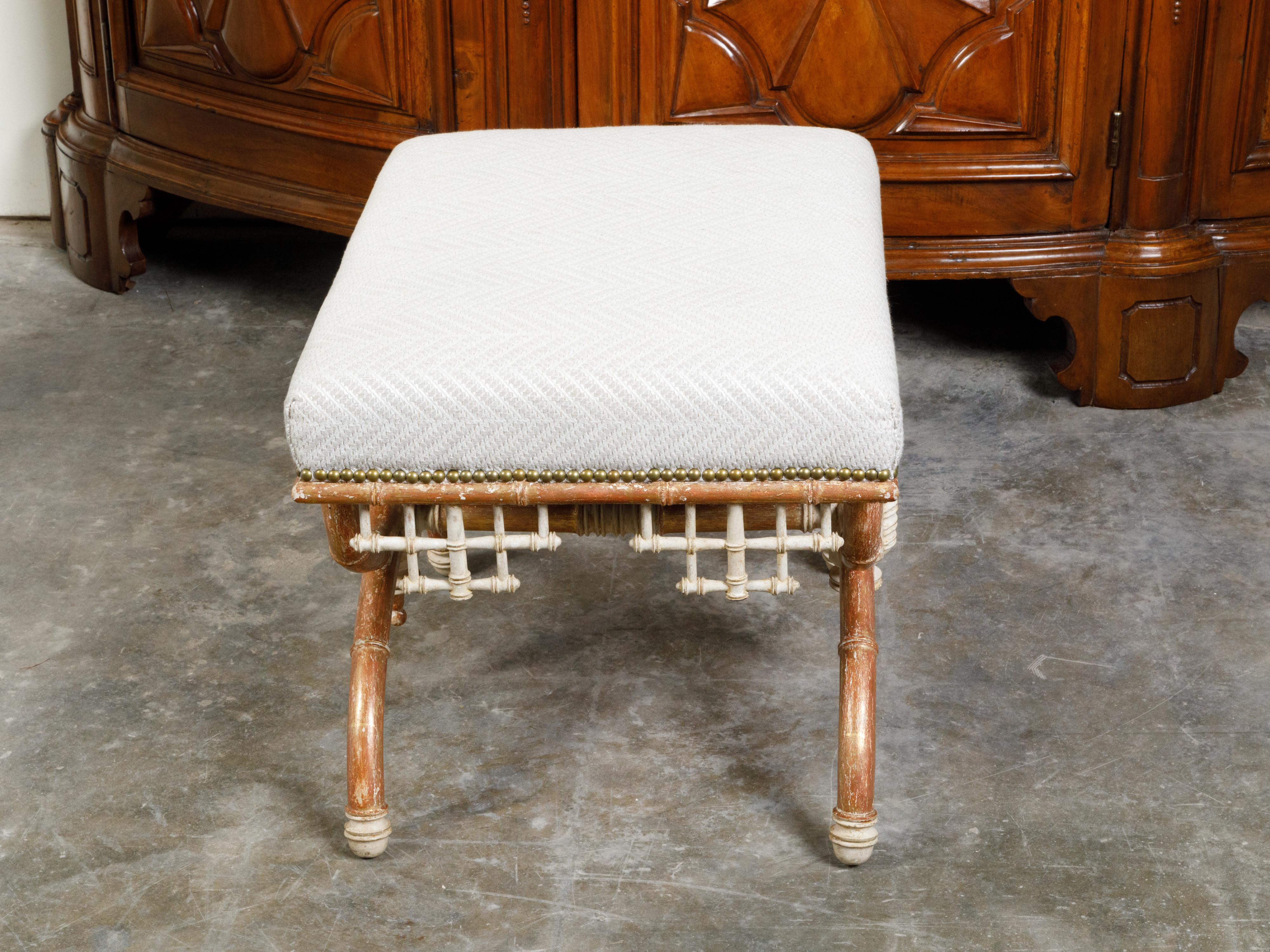 English Chinese Chippendale Style Faux Bamboo Stool with New Upholstery For Sale 7