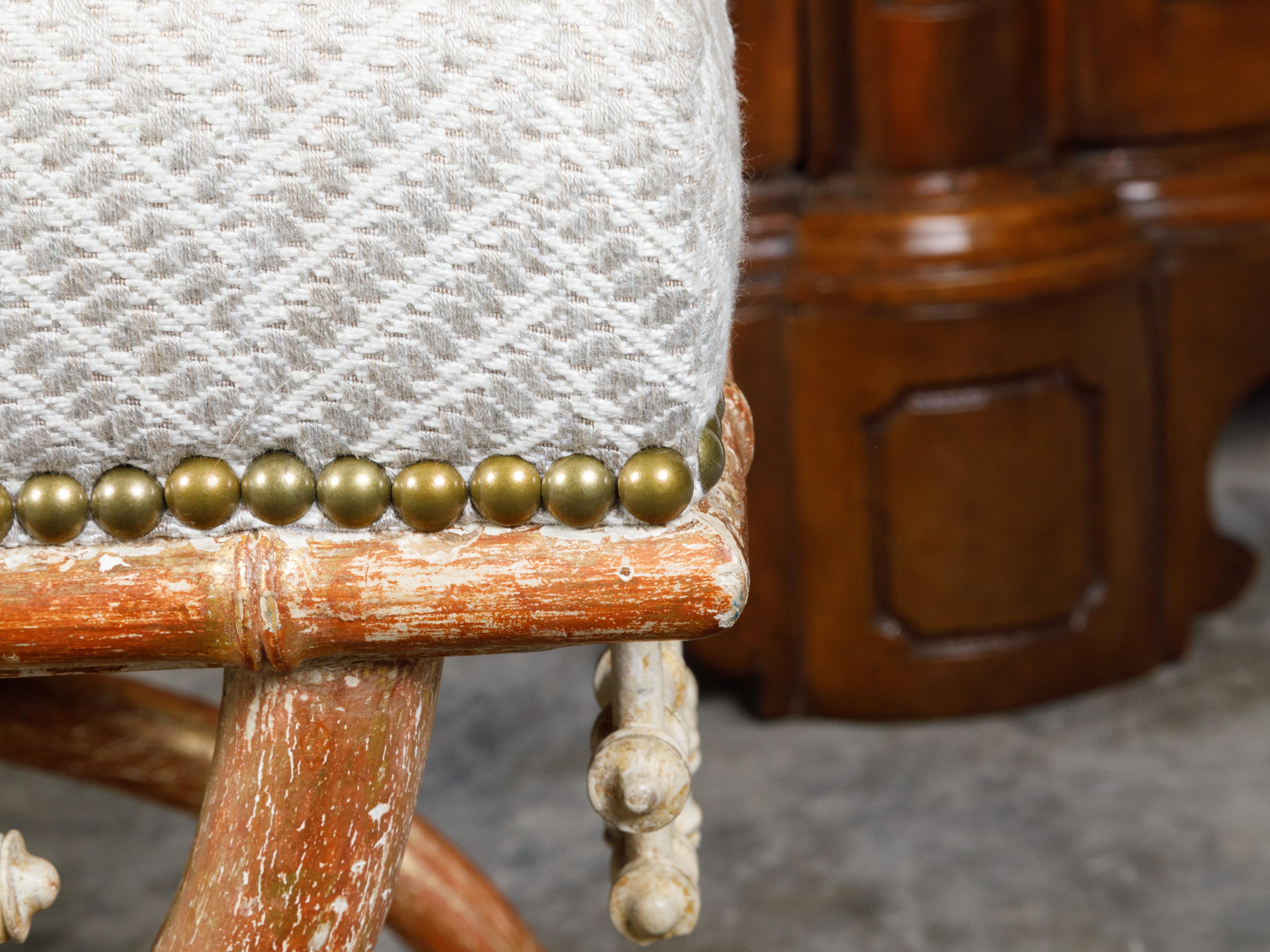 20th Century English Chinese Chippendale Style Faux Bamboo Stool with New Upholstery For Sale